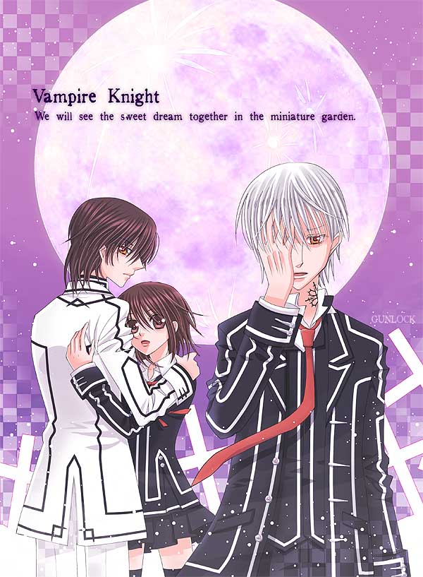 gunlock, cross yuki, cross yuuki, kiryuu zero, kuran kaname, kurosu yuuki, vampire knight, striped, 00s, 1girl, 2boys, :o, bishounen, black thighhighs, blazer, bow, bowtie, brown eyes, brown hair, checkered background, couple, covering one eye, covering privates, english text, from behind, frown, full moon, goth fashion, gradient background, hand on own face, hand over eye, height difference, hetero, hug, jacket, looking at viewer, looking back, moon, multiple boys, necktie, night, night sky, open mouth, orange eyes, outdoors, pink eyes, pleated skirt, school uniform, short hair, skirt, sky, snow, standing, tattoo, thighhighs, unbuttoned, upper body, white hair, wind, yellow eyes, zettai ryouiki