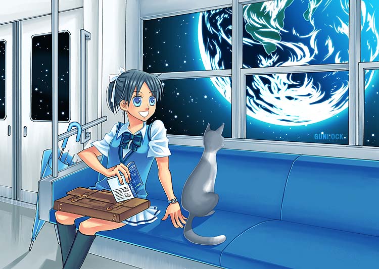 gunlock, ginga tetsudou 999, ginga tetsudou monogatari, original, looking away, 00s, 1girl, :d, animal, artist name, bag, black hair, black socks, blue eyes, blue hair, blue vest, book, bow, briefcase, cat, closed umbrella, crossover, earth (planet), female focus, hair bow, hair ribbon, holding, holding book, kneehighs, looking to the side, miniskirt, open mouth, planet, ponytail, ribbon, school bag, school briefcase, school uniform, short hair, short ponytail, short sleeves, sitting, skirt, smile, socks, solo, space, space train, star (sky), train, train interior, umbrella, vest, watch, white skirt, window, wing collar, wristwatch