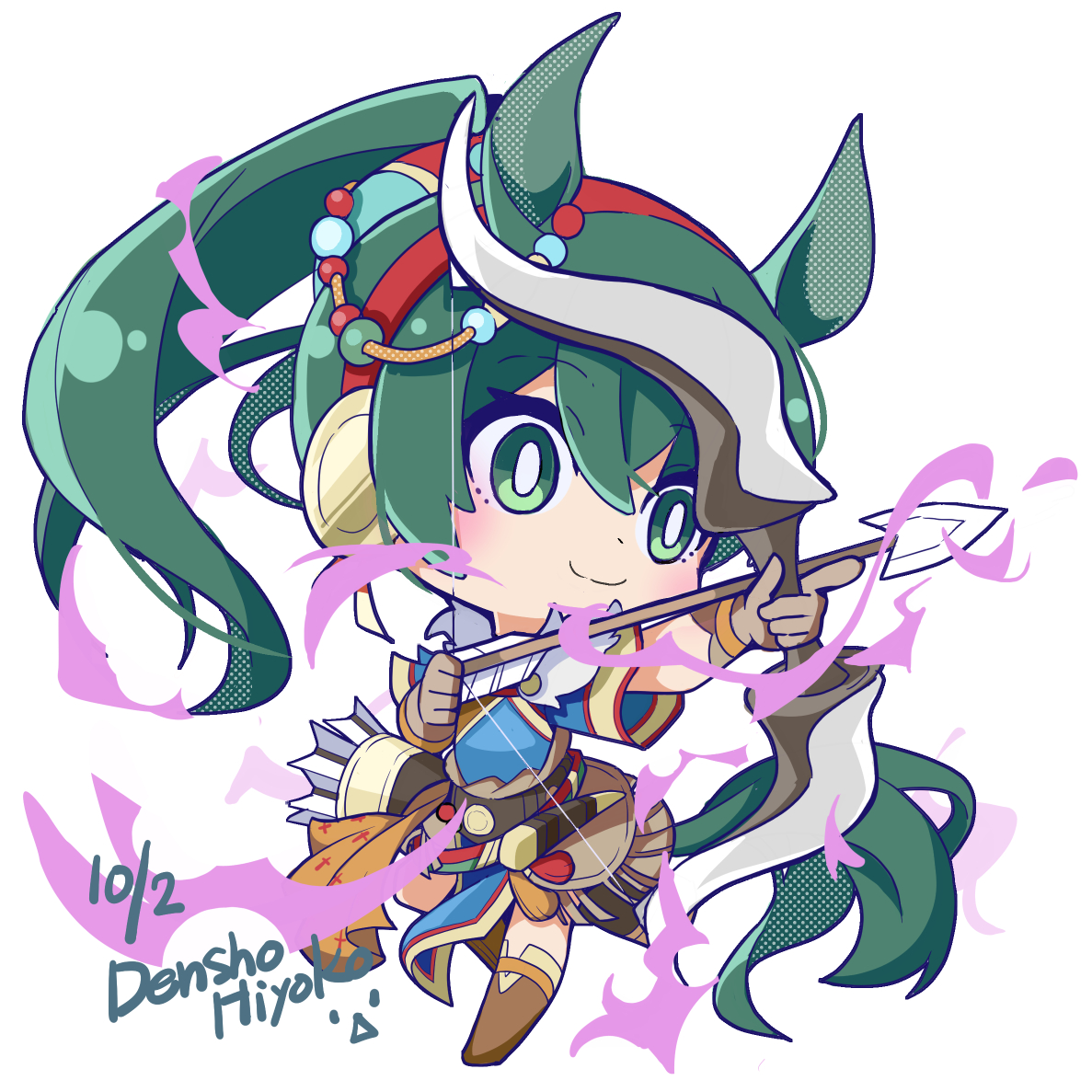 ryoto soukyuu, lyn (fire emblem), lyn (plains wind) (fire emblem), fire emblem, fire emblem: the blazing blade, fire emblem heroes, fire emblem shadows, nintendo, 1girl, animal ears, arrow (projectile), aura, blue dress, blush, bow (weapon), breasts, chibi, closed mouth, dark aura, dark persona, dress, gloves, green eyes, green hair, hairband, high ponytail, holding, holding arrow, holding bow (weapon), holding weapon, horse ears, horse girl, long hair, ponytail, quiver, red hairband, short sleeves, smile, solo, tail, very long hair, weapon