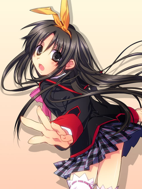 satomi yoshitaka, naoe riki, little busters!, 1boy, blush, crossdressing, crossdressing (mtf), male focus, ribbon, school uniform, skirt, solo, thighhighs, trap, white thighhighs