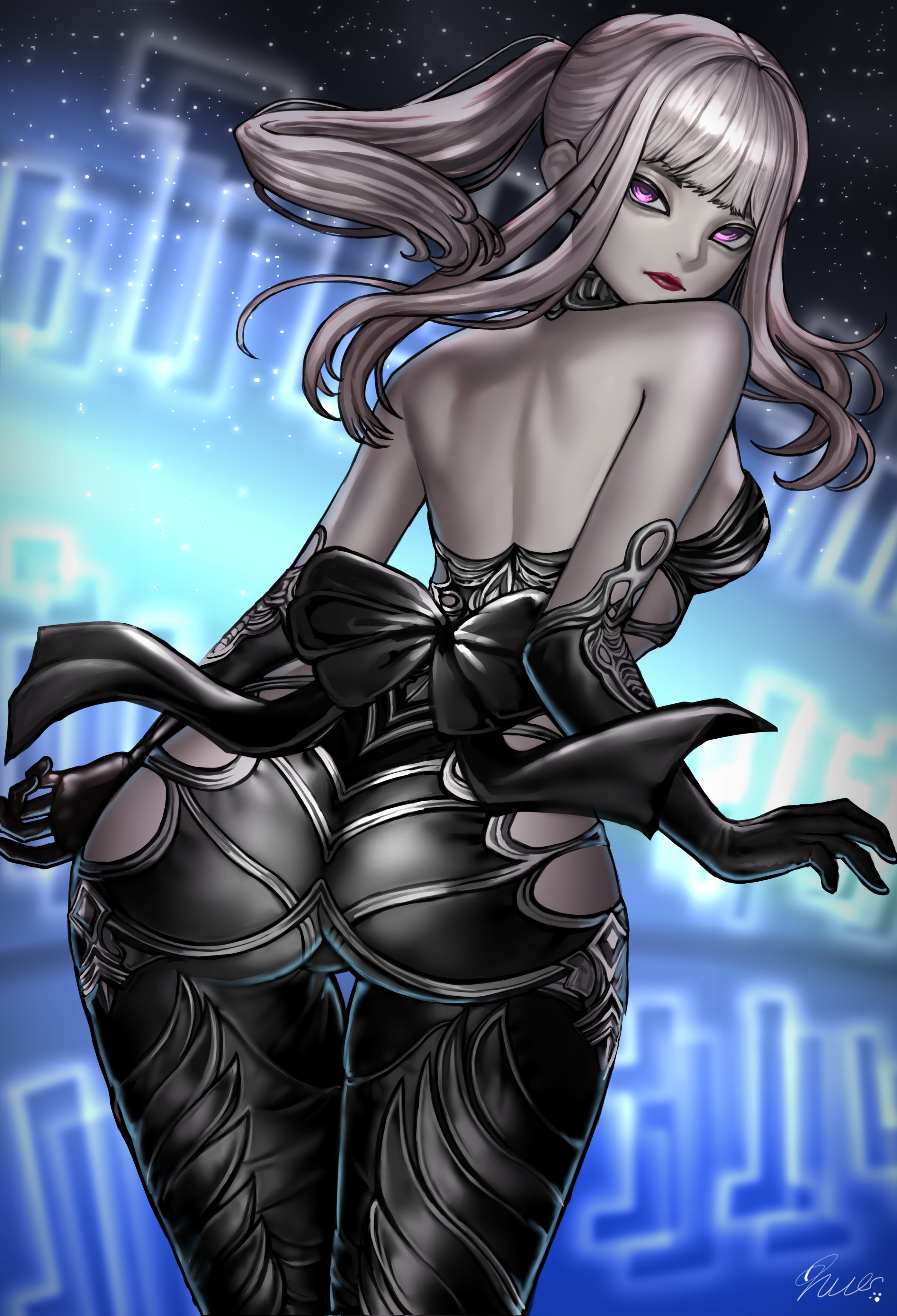 hyuu (sing-dog), omega-f, omega (final fantasy), final fantasy, final fantasy xiv, absurdres, commission, highres, skeb commission, 1girl, ass, bare shoulders, black bodysuit, black gloves, bodysuit, breasts, closed mouth, colored skin, elbow gloves, gloves, grey hair, long hair, looking at viewer, medium breasts, ponytail, purple eyes, red lips, signature, solo, white hair