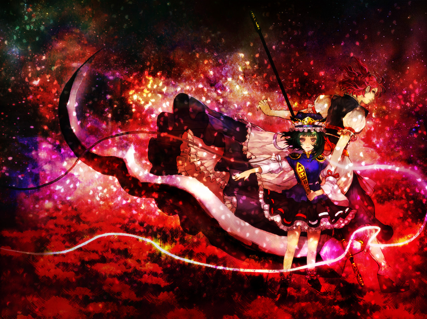 yuyayuyo, onozuka komachi, shiki eiki, touhou, 2girls, abstract, back-to-back, blossom, blue dress, dress, female focus, full body, green eyes, green hair, hair bobbles, hair ornament, hat, long sleeves, looking at viewer, mob cap, multiple girls, petals, red hair, scythe, short hair, standing, twintails, two side up