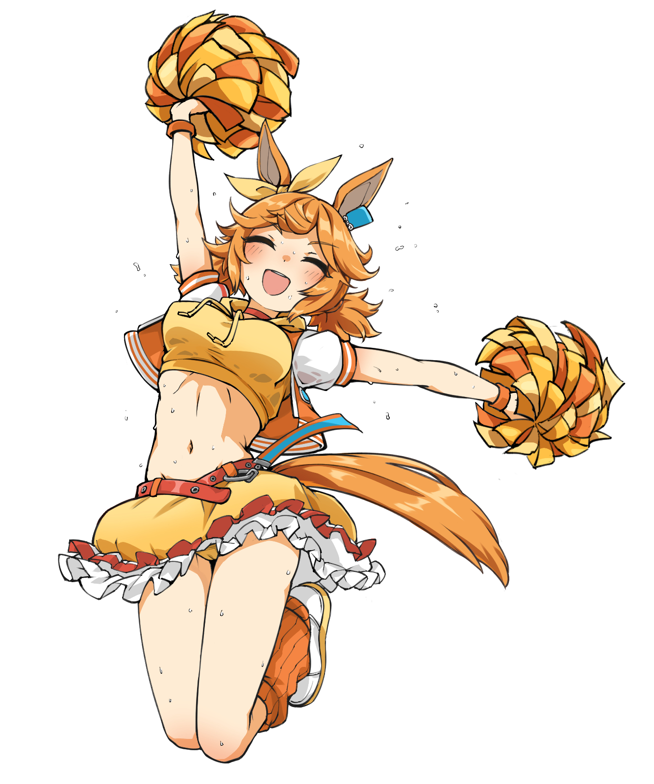 yingjian, matikanefukukitaru (umamusume), umamusume, commentary request, highres, 1girl, alternate costume, animal ears, belt, blush, bow, breasts, cheerleader, choker, closed eyes, collarbone, cropped hoodie, cropped jacket, ear bow, ear ornament, hair between eyes, hair ornament, holding, holding pom poms, hood, hoodie, horse ears, horse girl, horse tail, jacket, long hair, loose socks, midair, midriff, navel, open clothes, open jacket, open mouth, orange choker, orange hair, orange jacket, pom pom (cheerleading), pom poms, shoes, short sleeves, simple background, skirt, smile, socks, solo, tail, white background, yellow bow, yellow hoodie, yellow skirt, yellow socks