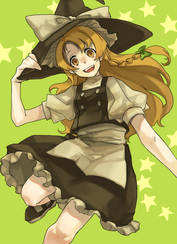 clea (geee13), kirisame marisa, touhou, bad id, bad pixiv id, 1girl, blonde hair, blush, braid, dress, female focus, hat, long hair, nose blush, smile, solo, star (symbol), witch, witch hat, yellow eyes