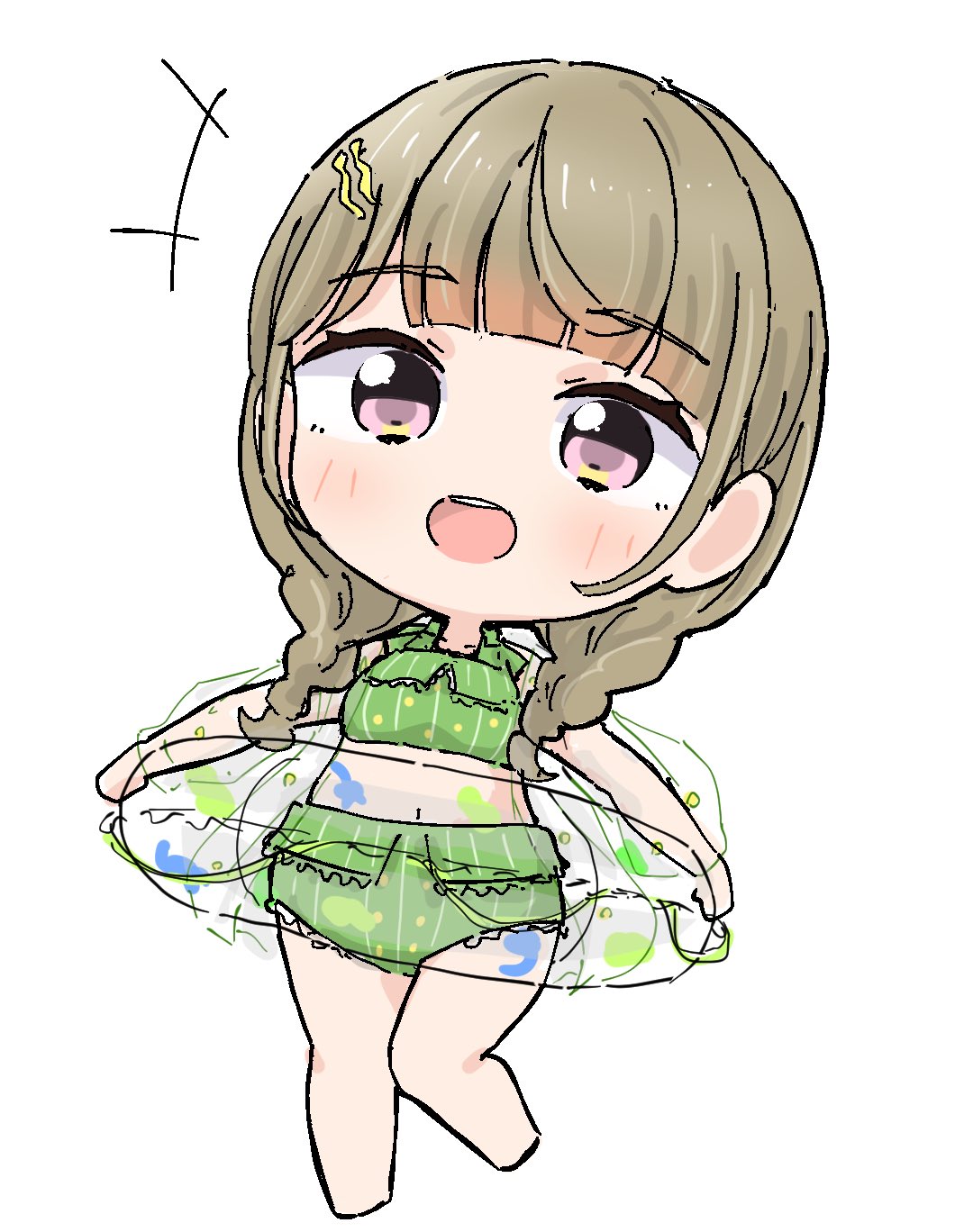 tazaki masanobu, kachimachi kosuzu, kachimachi kosuzu (c106 swimsuit), link! like! love live!, love live!, commentary, highres, symbol-only commentary, + +, 1girl, barefoot, bikini, blunt bangs, braid, brown hair, chibi, chibi only, frilled innertube, green bikini, hair ornament, hairclip, leg up, long hair, low twin braids, official alternate costume, open mouth, parallel hairclips, pink eyes, pinstripe bikini, simple background, solo, swimsuit, transparent innertube, twin braids, virtual youtuber, white background