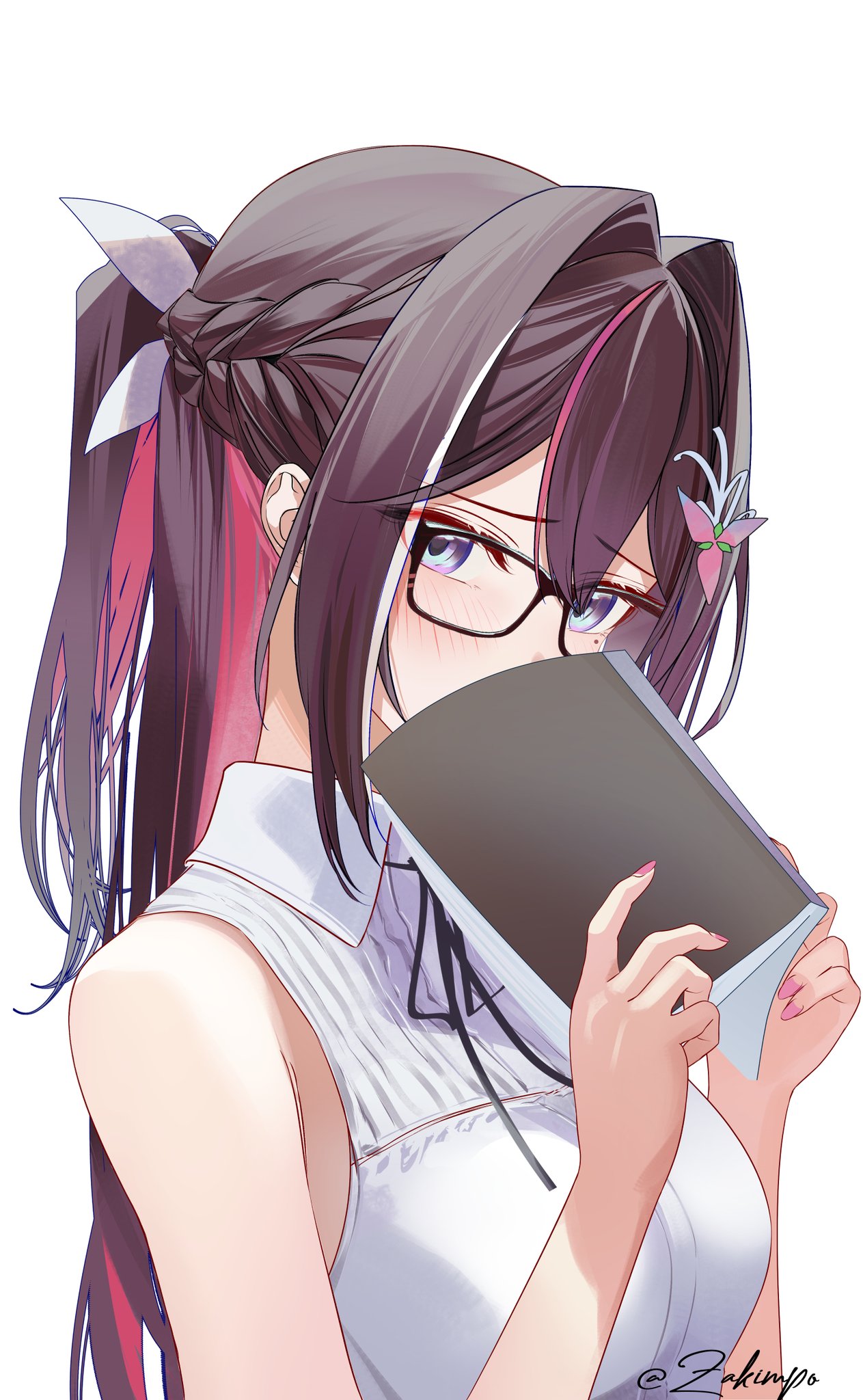 zakimpo, azki (hololive), hololive, commentary, hashtag-only commentary, highres, 1girl, black hair, book, braid, collared shirt, colored inner hair, covering own mouth, double-parted bangs, glasses, hair intakes, hair ornament, hairclip, half up half down braid, holding, holding book, long hair, looking at viewer, mole, mole under eye, multicolored hair, nail polish, neck ribbon, pink hair, pink nails, purple eyes, ribbon, shirt, simple background, sleeveless, sleeveless shirt, solo, streaked hair, upper body, virtual youtuber, white background, white hair, white shirt