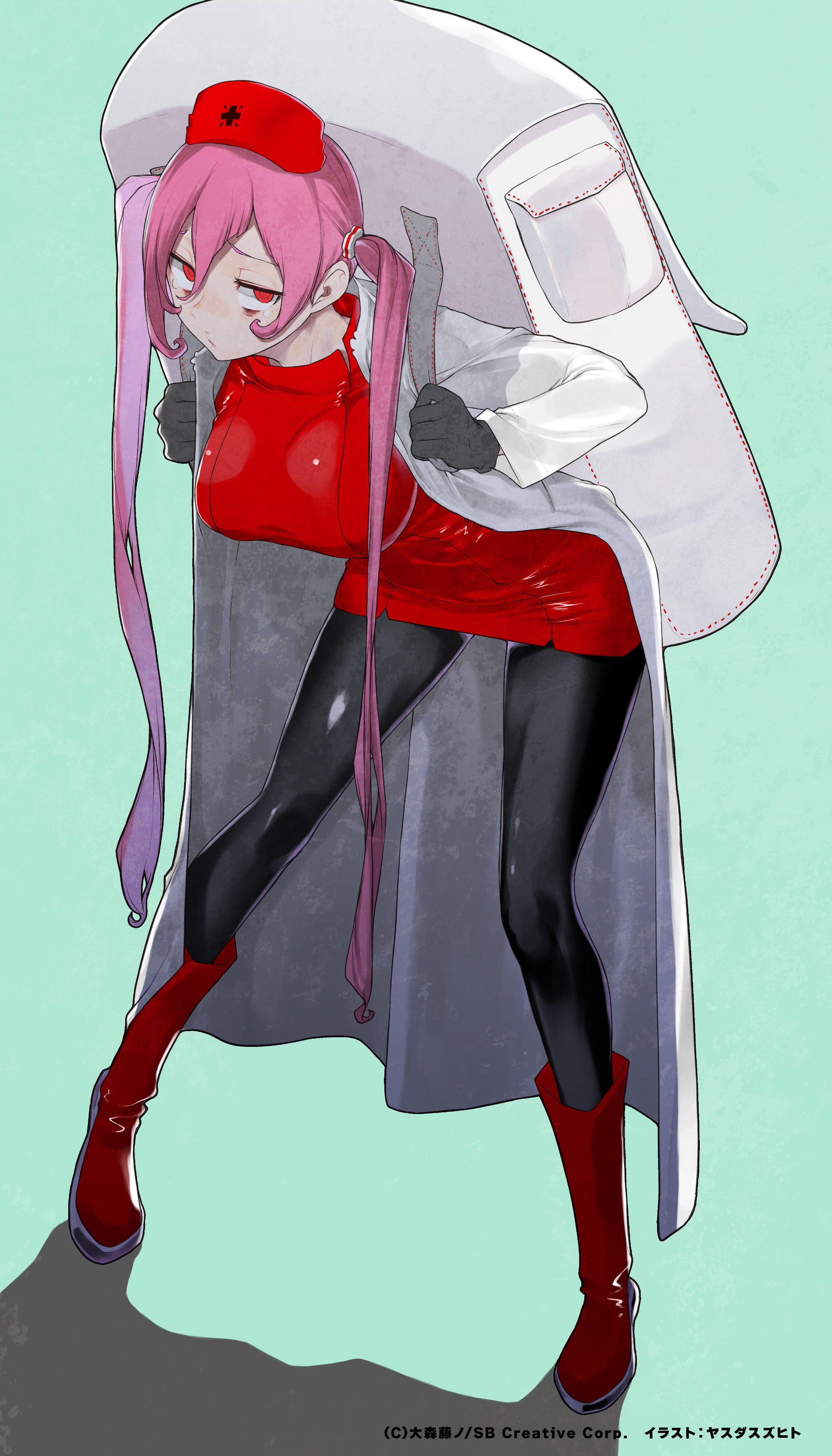 yasuda suzuhito, heith velvet, dungeon ni deai wo motomeru no wa machigatteiru darou ka, absurdres, highres, official art, backpack, bag, bent over, black pantyhose, boots, breasts, coat, dress, full body, hat, large breasts, looking at viewer, nurse cap, pantyhose, pink hair, red boots, red dress, red eyes, short dress, simple background, twintails, white bag, white coat