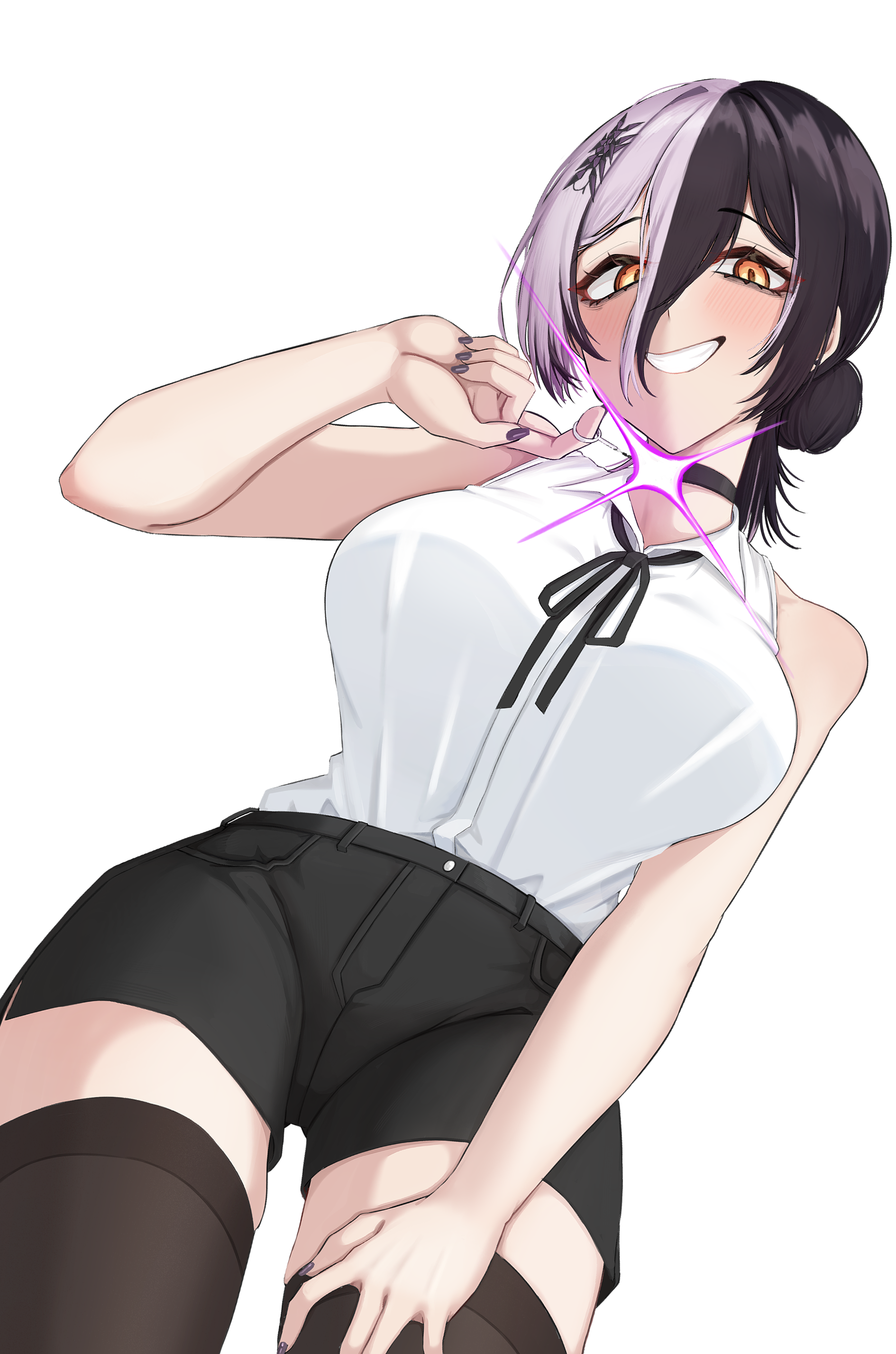 mmneko, reze (chainsaw man), shiori novella, chainsaw man, hololive, hololive english, absurdres, highres, 1girl, black choker, black hair, black nails, black ribbon, black shorts, black thighhighs, breasts, choker, cosplay, grey hair, grin, hair between eyes, hair bun, large breasts, looking at viewer, multicolored hair, neck ribbon, reze (chainsaw man) (cosplay), ribbon, shirt, short shorts, shorts, simple background, sleeveless, sleeveless shirt, smile, solo, split-color hair, thighhighs, transparent background, two-tone hair, virtual youtuber, white shirt, yellow eyes