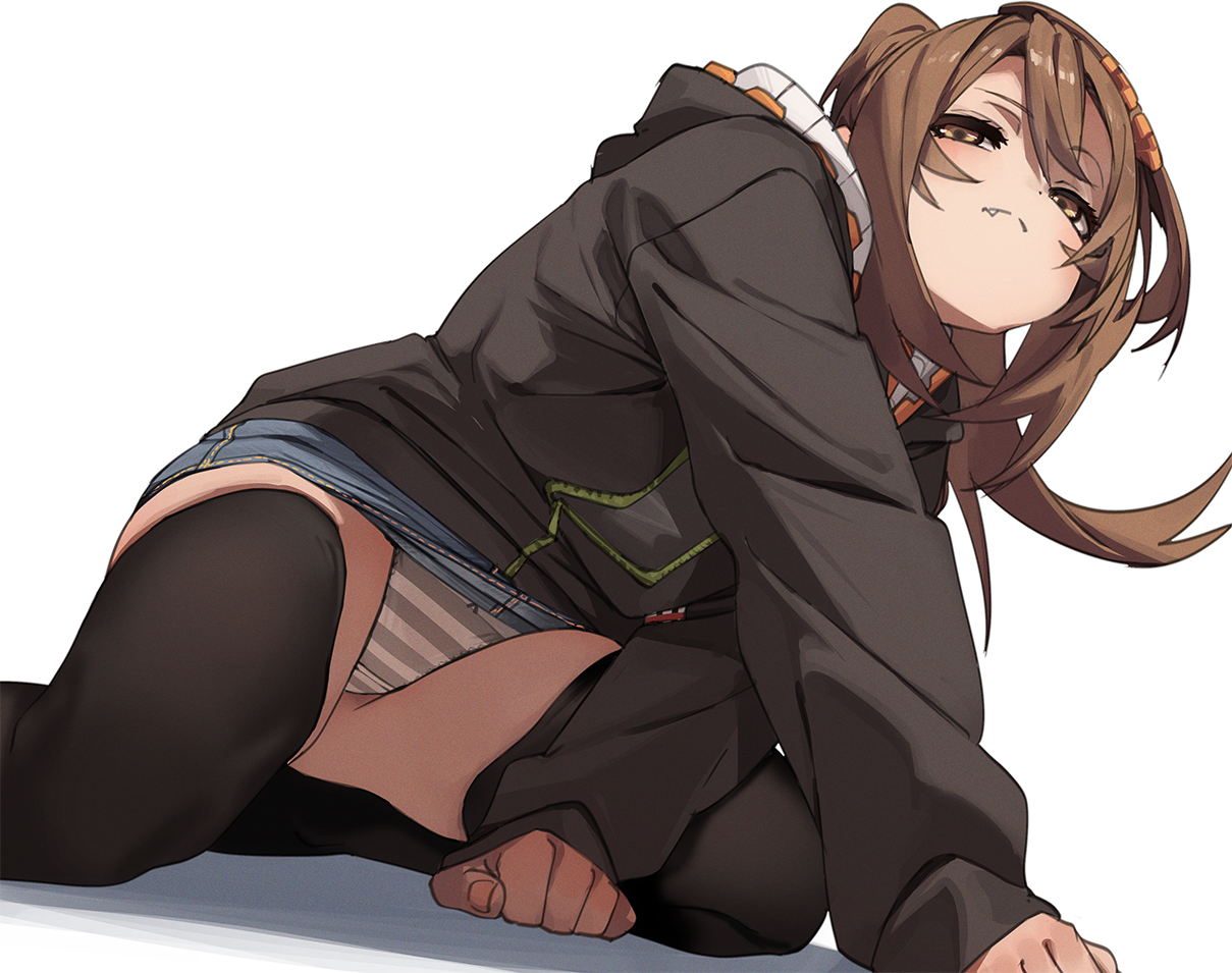 fu-ta, usami taiga, original, 1girl, black thighhighs, brown eyes, brown hair, denim, denim skirt, grey panties, groin tendon, jacket, long hair, looking at viewer, panties, ponytail, sitting, skirt, solo, thighhighs, underwear, white background