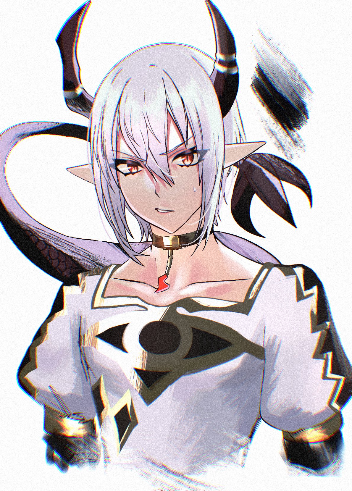 rafal (fire emblem), fire emblem, fire emblem engage, fire emblem shadows, nintendo, highres, 1boy, choker, looking at viewer, male focus, pointy ears, red eyes, solo, upper body, white hair, yowangs