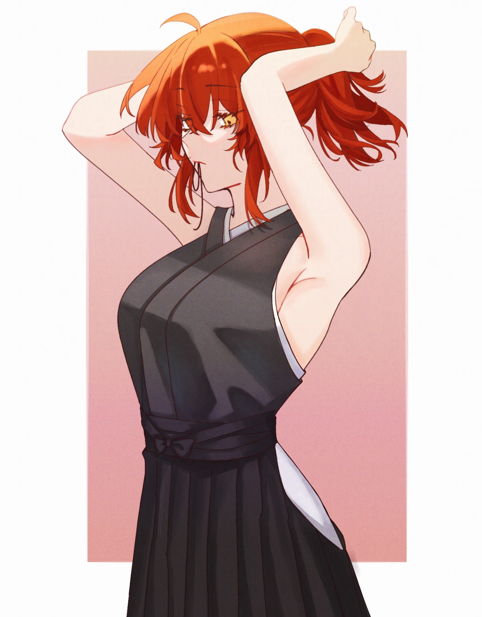 yutingfgo, fujimaru ritsuka (female), fate/grand order, fate (series), commentary request, highres, 1girl, ahoge, alternate costume, armpits, black kimono, border, breasts, closed mouth, hair between eyes, hair tie in mouth, japanese clothes, kimono, medium breasts, mouth hold, orange eyes, orange hair, outside border, pink background, ponytail, short hair, simple background, sleeveless, solo, white border