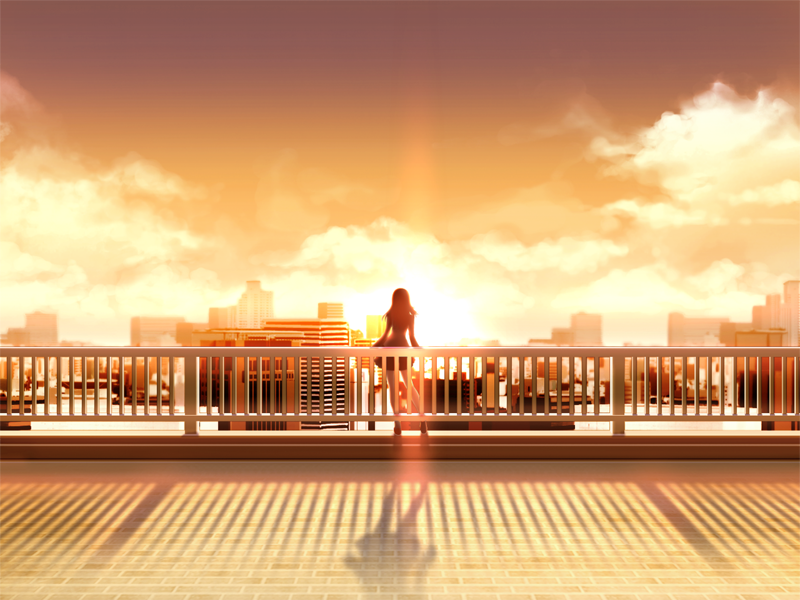 sano toshihide, majodou, game cg, 1girl, cityscape, cloud, female focus, railing, scenery, silhouette, sky, skyline, solo, sunset
