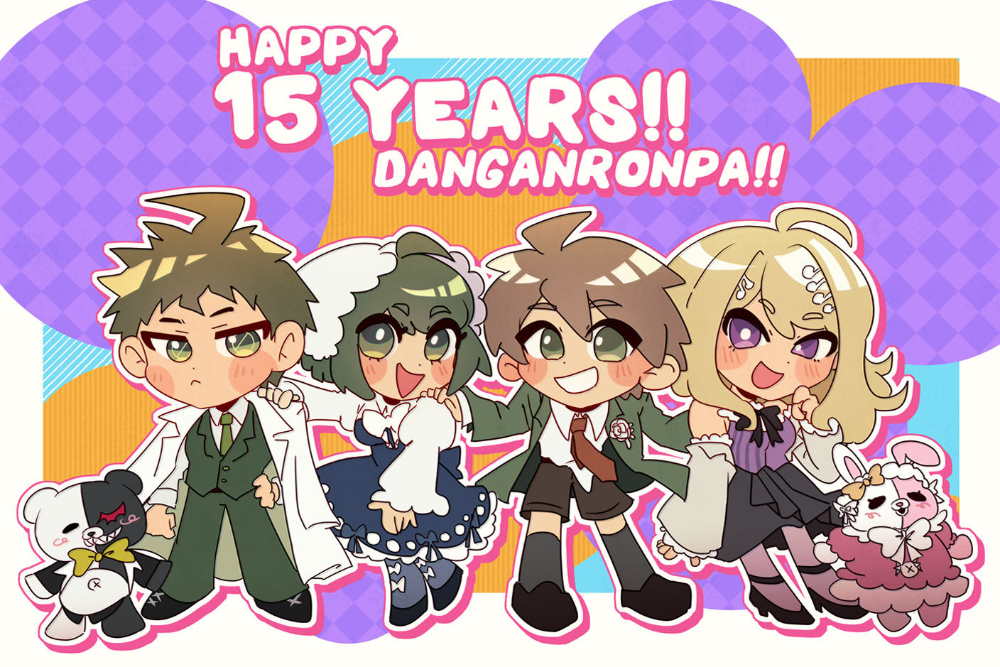 ministarfruit, akamatsu kaede, hinata hajime, monokuma, monomi (danganronpa), naegi komaru, naegi makoto, danganronpa: trigger happy havoc, danganronpa (series), danganronpa 2: goodbye despair, danganronpa another episode: ultra despair girls, danganronpa v3: killing harmony, alt text, commentary, english commentary, 2boys, 2girls, ahoge, anniversary, bare shoulders, black bow, black shoes, black skirt, blonde hair, blue dress, blush, blush stickers, bow, bowtie, bright pupils, brown hair, brown shorts, chibi, closed mouth, collared shirt, colorful background, copyright name, detached sleeves, dress, english text, eyelashes, fortissimo, full body, green eyes, green hair, green necktie, green pants, green vest, grey socks, hair ornament, hand on another's back, hand on another's shoulder, high heels, jacket, jacket on shoulders, long hair, long sleeves, multiple boys, multiple girls, musical note, musical note hair ornament, necktie, official alternate costume, open clothes, open jacket, open mouth, outline, pants, pink dress, purple eyes, purple shirt, red necktie, sharp teeth, shirt, shoes, short hair, shorts, skirt, smile, socks, standing, teeth, vest, white bow, white headdress, white jacket, white outline, white pupils, white shirt, yellow bow, yellow bowtie