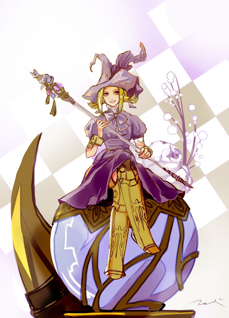 mochi (hanamaruudondesu), black mage (final fantasy), penelo, final fantasy, final fantasy xii, 1girl, blonde hair, full body, hat, holding, holding staff, long hair, looking at viewer, smile, solo, staff, witch hat, wizard hat, yellow eyes