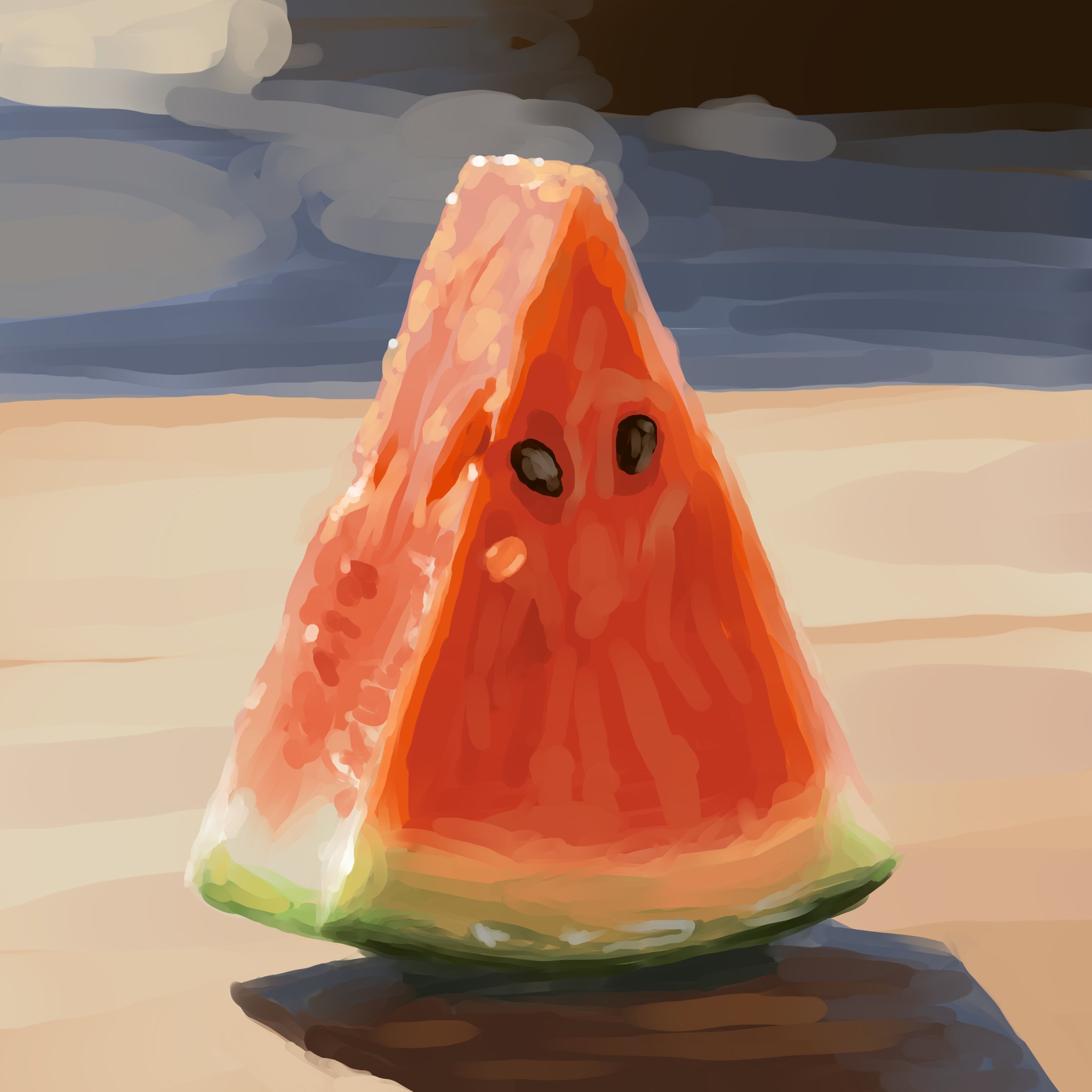 naoya ohtani, original, highres, food, food focus, fruit, no humans, shadow, still life, watermelon, watermelon seeds, watermelon slice