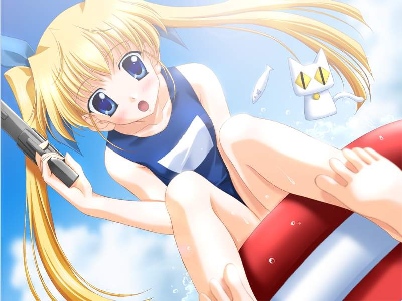 nanao naru, utamaru, yoshino sakura, da capo, da capo i, game cg, jpeg artifacts, non-web source, 00s, 1girl, bad anatomy, bad feet, barefoot, blonde hair, cat, dutch angle, feet, female focus, gun, innertube, long hair, one-piece swimsuit, poorly drawn, school swimsuit, solo, swim ring, swimsuit, twintails, wading pool, weapon