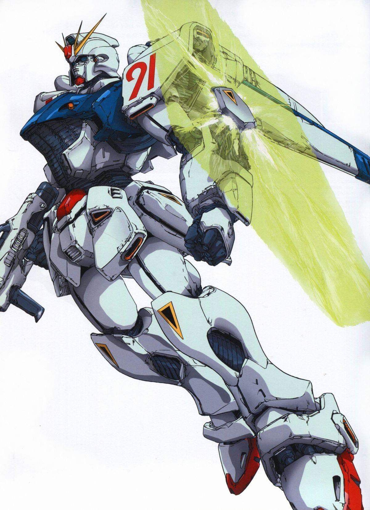 katoki hajime, f91 gundam, gundam, gundam f91, highres, official art, promotional art, scan, 1990s (style), beam rifle, beam shield, damaged, dirty, earth federation, energy, energy gun, flying, glowing, machinery, mecha, mecha focus, mobile suit, no humans, retro artstyle, robot, science fiction, v-fin, weapon, white background