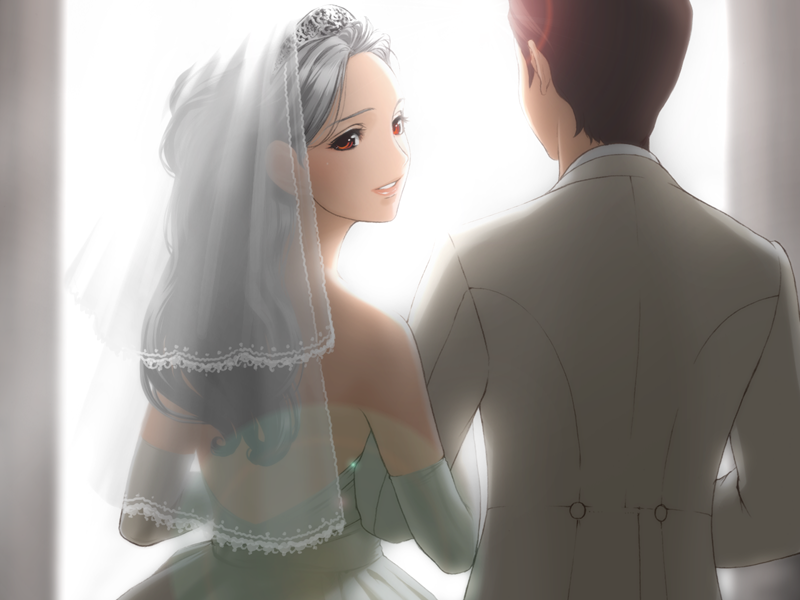 sano toshihide, marie marigold, majodou, silver hair, game cg, 1boy, 1girl, bare shoulders, bridal veil, bride, couple, dress, elbow gloves, gloves, hetero, long hair, looking back, red eyes, see-through clothes, veil, wedding, wedding dress