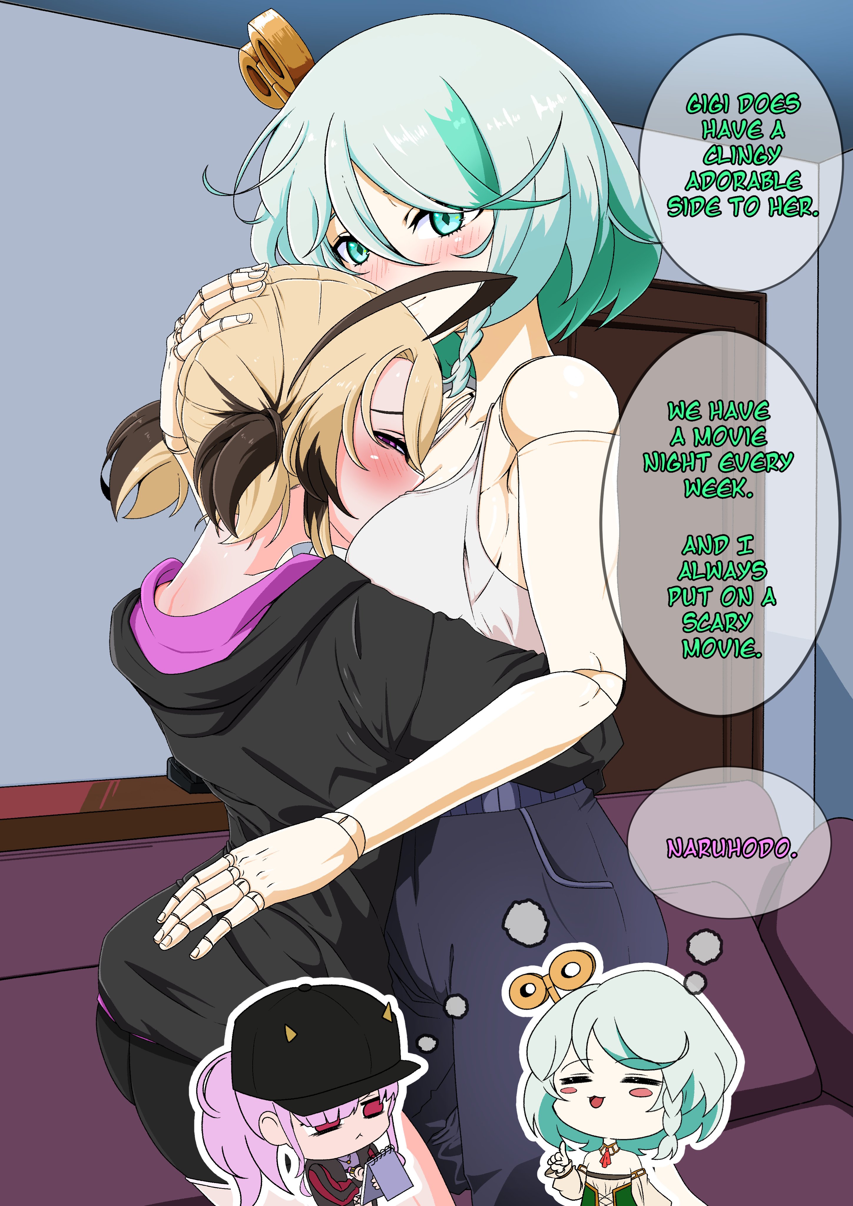 soda pop3423, cecilia immergreen, cecilia immergreen (1st costume), gigi murin, mori calliope, mori calliope (streetwear), hololive, hololive english, absurdres, highres, ahoge, baseball cap, blush, brown hair, colored inner hair, doll joints, door, english text, green eyes, green hair, hat, holding, holding notepad, hug, indoors, jacket, joints, long hair, multicolored hair, multiple girls, notepad, official alternate costume, pink eyes, pink hair, ponytail, short hair, shorts, streaked hair, twintails, two-tone hair, virtual youtuber, winding key, yuri