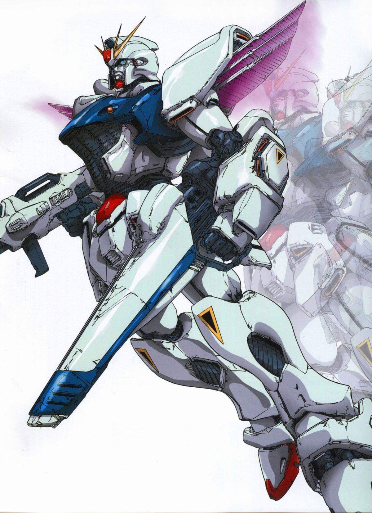 katoki hajime, f91 gundam, gundam, gundam f91, derivative work, highres, official art, promotional art, scan, 1990s (style), afterimage, beam cannon, beam rifle, damaged, dirty, earth federation, energy gun, flying, glowing, machinery, mecha, mecha focus, mobile suit, no humans, retro artstyle, robot, science fiction, v-fin, weapon, white background