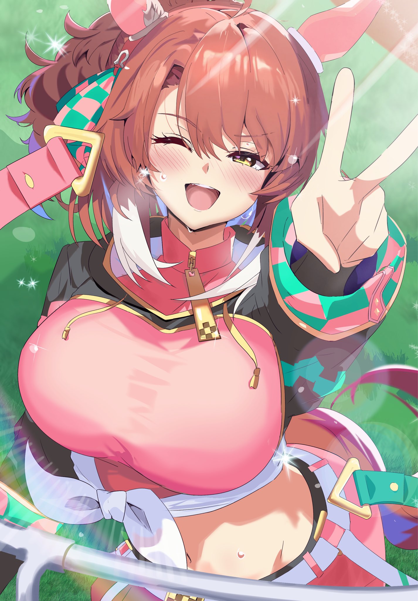 ekazawa sdvx, dantsu flame (umamusume), umamusume, highres, 1girl, ahoge, animal ears, black shrug, blush, bow, breasts, brown eyes, brown hair, checkered ribbon, ear covers, ear ornament, ear ribbon, grass, hair between eyes, hair ornament, horse ears, horse girl, horse tail, large breasts, looking at viewer, midriff, multicolored hair, navel, one eye closed, open mouth, outdoors, pink shirt, pink shorts, shirt, shorts, shrug (clothing), smile, solo, tail, tied shirt, v, white hair