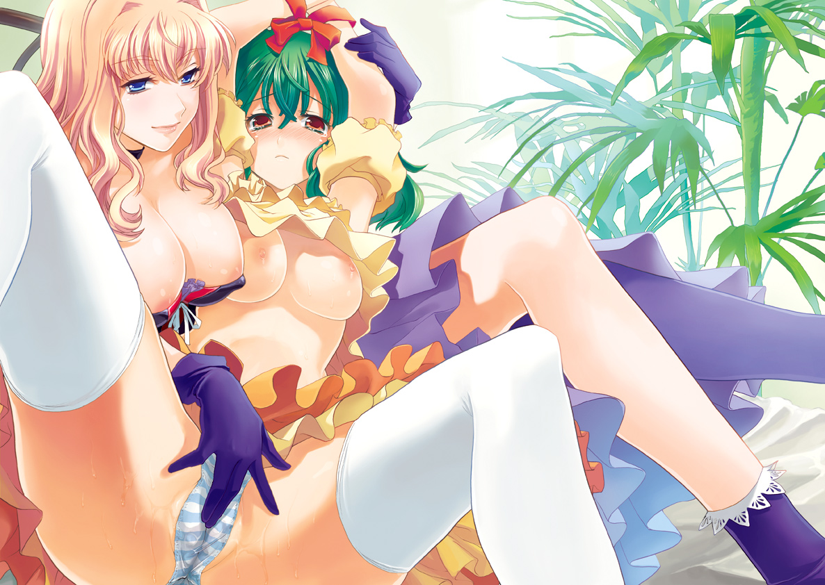 sage joh, ranka lee, sheryl nome, macross, macross frontier, bad id, bad pixiv id, 00s, 2girls, bdsm, blonde hair, blue eyes, bondage, bound, bound wrists, breasts, breasts out, brown eyes, dress, femdom, fingering, gloves, green hair, large breasts, looking at viewer, multiple girls, nipples, panties, panty rub, pussy juice, skirt, striped clothes, striped panties, tears, thighhighs, underwear, wet, wet clothes, wet panties, yuri