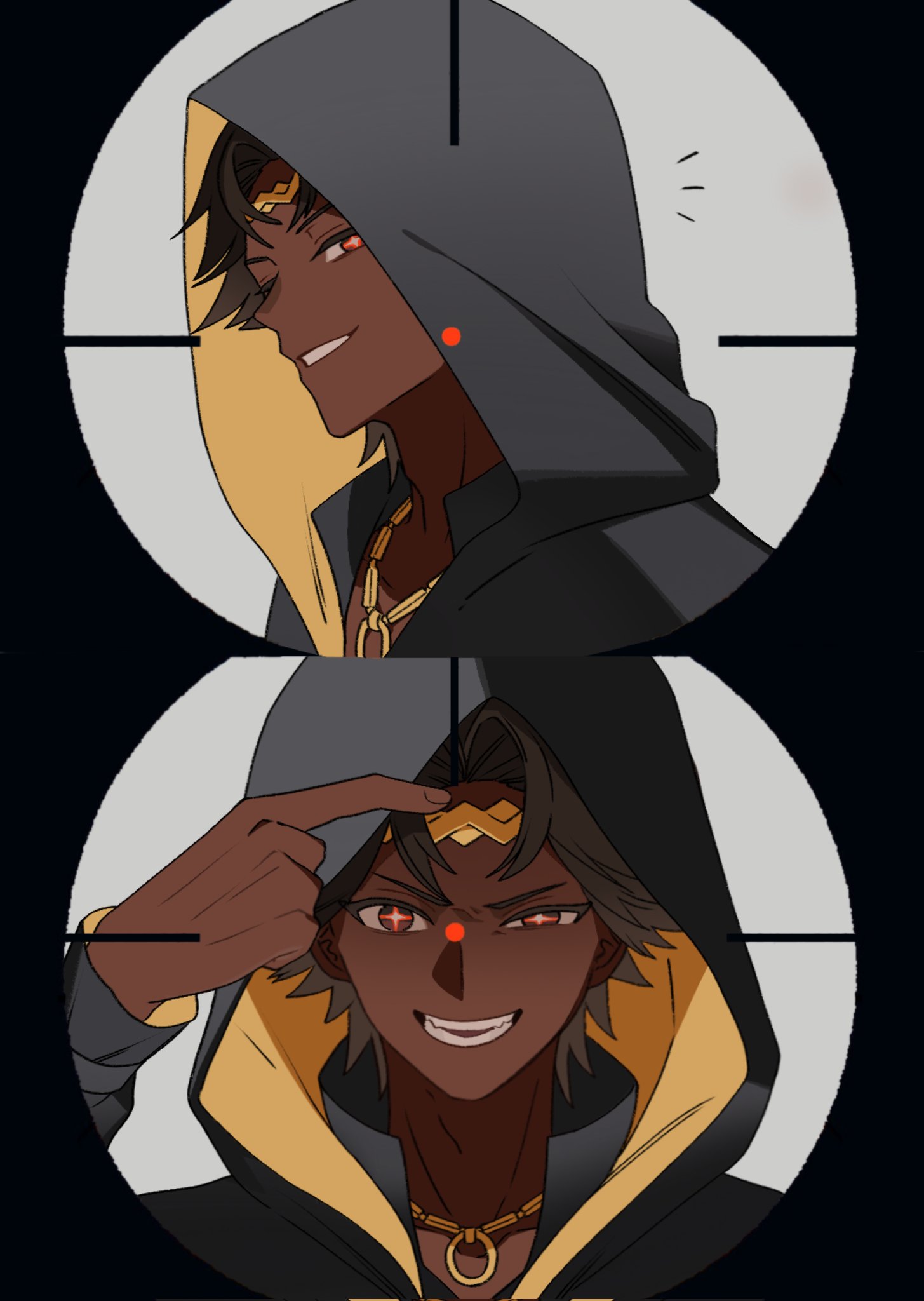 dr metagross, fogado (fire emblem), fire emblem, fire emblem engage, nintendo, highres, 1boy, brown hair, circlet, dark-skinned male, dark skin, gold circlet, hood, hood up, hooded robe, looking at viewer, male focus, official alternate costume, robe, short hair, smile, two-tone robe