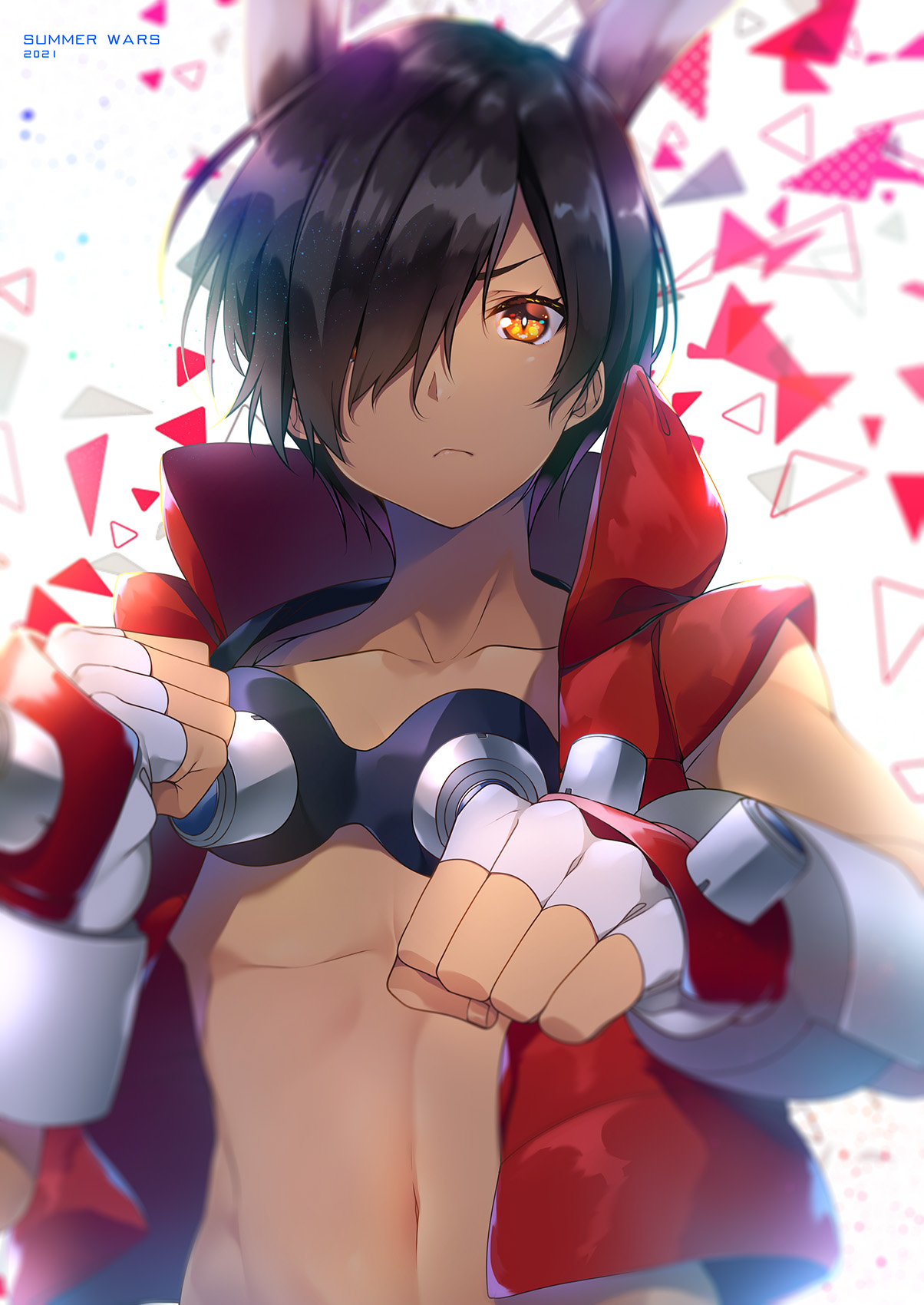kagetsu kei, ikezawa kazuma, summer wars, commentary request, highres, 1boy, 2021, abstract background, animal ears, arms up, black hair, blurry, brown eyes, clenched hands, closed mouth, collarbone, copyright name, dark-skinned male, dark skin, depth of field, down vest, fighting stance, fingerless gloves, gloves, goggles, hair over one eye, looking at viewer, male focus, navel, one eye covered, open clothes, open vest, rabbit ears, red vest, short hair, solo, unworn goggles, upper body, vest, white gloves
