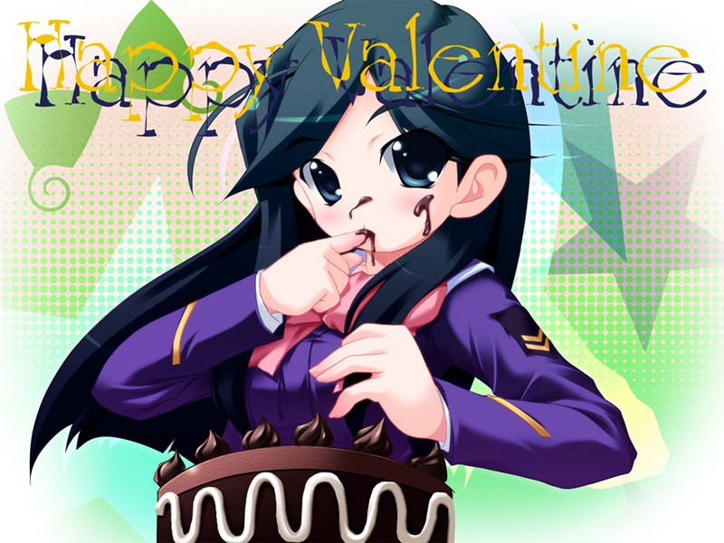 kamishiro mai (artist), kamishiro mai (capti-no), etou mei, gakuen utopia manabi straight!, 00s, 1girl, black hair, blue eyes, bow, cake, chocolate, female focus, finger in own mouth, food, happy valentine, long hair, long sleeves, pink bow, school uniform, solo, star (symbol), valentine