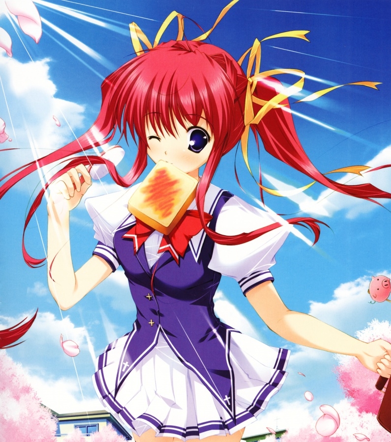mikeou, asakura nanao, lyrical ds, lyrical lyric, game cg, non-web source, 1girl, bag, bread, bread slice, cherry blossoms, female focus, food, food in mouth, hair ribbon, long hair, mouth hold, one eye closed, red hair, ribbon, school uniform, solo, toast, toast in mouth, twintails, wink