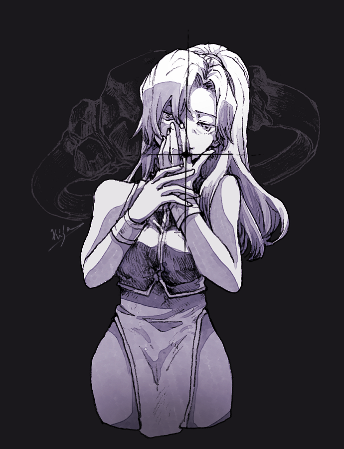 michibata 65, saga, saga frontier, 1girl, china dress, chinese clothes, dress, greyscale, jewelry, long hair, looking at viewer, mei ling (saga), monochrome, ponytail, ring, smile, solo