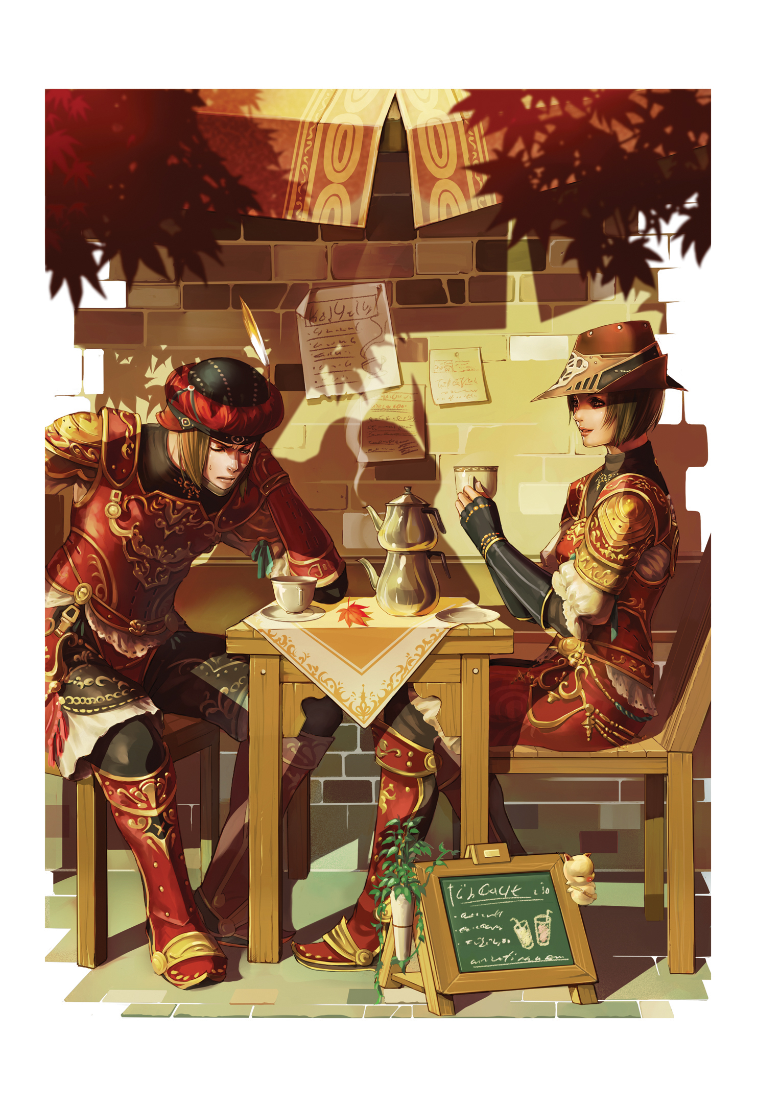 hage2013, gadalar, moogle, najelith, final fantasy, final fantasy xi, bad id, bad pixiv id, highres, 00s, 1boy, 1girl, armor, brick wall, cafe, chair, chalkboard, cup, fingerless gloves, gloves, hat, leaf, maple leaf, menu board, pavement, plate, realistic, short hair, sign, sitting, table, tablecloth, teacup, teapot