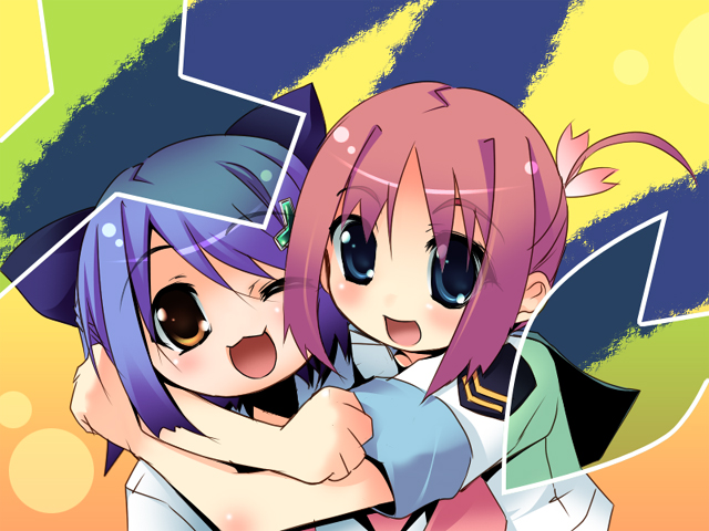 kamishiro mai (artist), kamishiro mai (capti-no), amamiya manami, inamori mika, gakuen utopia manabi straight!, 00s, 2girls, :3, hug, multiple girls, one eye closed, school uniform, wink