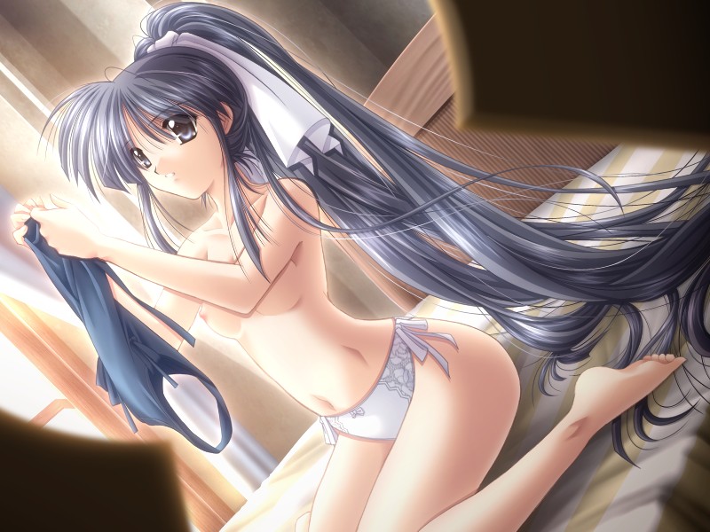 yamamoto kazue, selen (maou no musume-tachi), maou no musume-tachi, non-web source, 1girl, bed, black eyes, blue hair, breasts, female focus, keyhole, kneeling, long hair, nipples, panties, ponytail, side-tie panties, solo, topless female, underwear, very long hair, voyeur pov, white panties