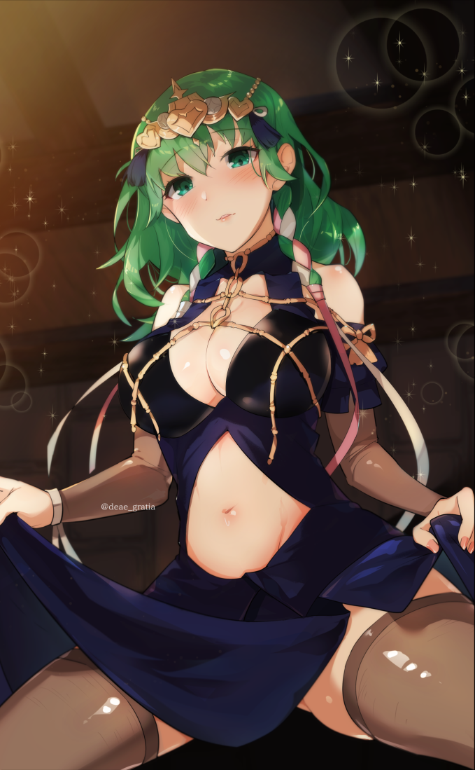 yomos gara, female byleth (awakened) (fire emblem), female byleth (fire emblem), female byleth (sothis regalia) (fire emblem), sothis (fire emblem), fire emblem, fire emblem: three houses, nintendo, commentary request, 1girl, bare shoulders, blush, breasts, brown thighhighs, cleavage, clothing cutout, cosplay, detached sleeves, green eyes, green hair, hair ornament, indoors, large breasts, lips, long hair, official alternate costume, solo, sothis (fire emblem) (cosplay), stomach cutout, thighhighs, twitter username