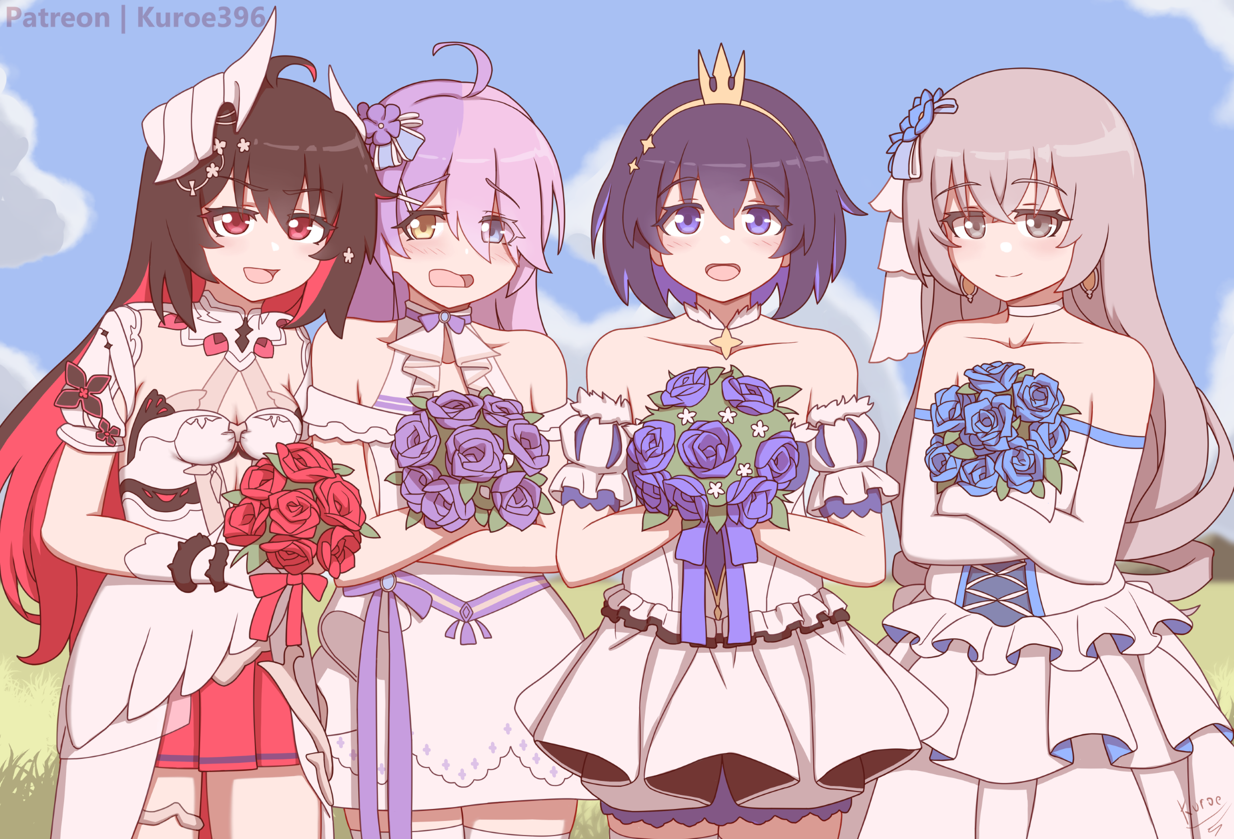 kuloi, bronya zaychik, bronya zaychik (herrscher of reason), seele (alter ego), seele vollerei, seele vollerei (on fair clouds), seele vollerei (starchasm nyx), sin mal, honkai (series), honkai impact 3rd, commentary, english commentary, highres, 4girls, :d, ahoge, bare shoulders, blue flower, blue rose, blue sky, bouquet, closed mouth, cloud, cloudy sky, dress, drill hair, dual persona, earrings, elbow gloves, flower, gloves, grey eyes, grey hair, hair ornament, heterochromia, holding, holding bouquet, jewelry, long hair, looking at viewer, multicolored hair, multiple girls, open mouth, outdoors, pink hair, purple eyes, purple flower, purple hair, purple rose, red eyes, red flower, red hair, red rose, rose, sky, smile, twin drills, two-tone hair, very long hair, wedding dress, white gloves, yellow eyes