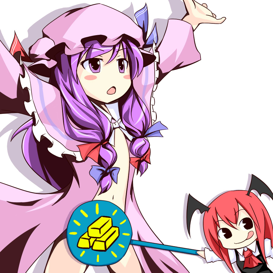 tsuyuki, tsuyuki (yukitgraph), koakuma, patchouli knowledge, peko-chan, embodiment of scarlet devil, touhou, bad id, bad pixiv id, 2girls, :q, arms up, blush stickers, bottomless, bow, censored, chibi, female focus, flat chest, frills, hat, hat bow, head wings, long hair, looking to the side, looking up, multiple girls, navel, novelty censor, open clothes, open mouth, open robe, outstretched hand, pac-man eyes, parody, purple hair, raised eyebrows, red hair, robe, tongue, tongue out, treasure mark censor, wings