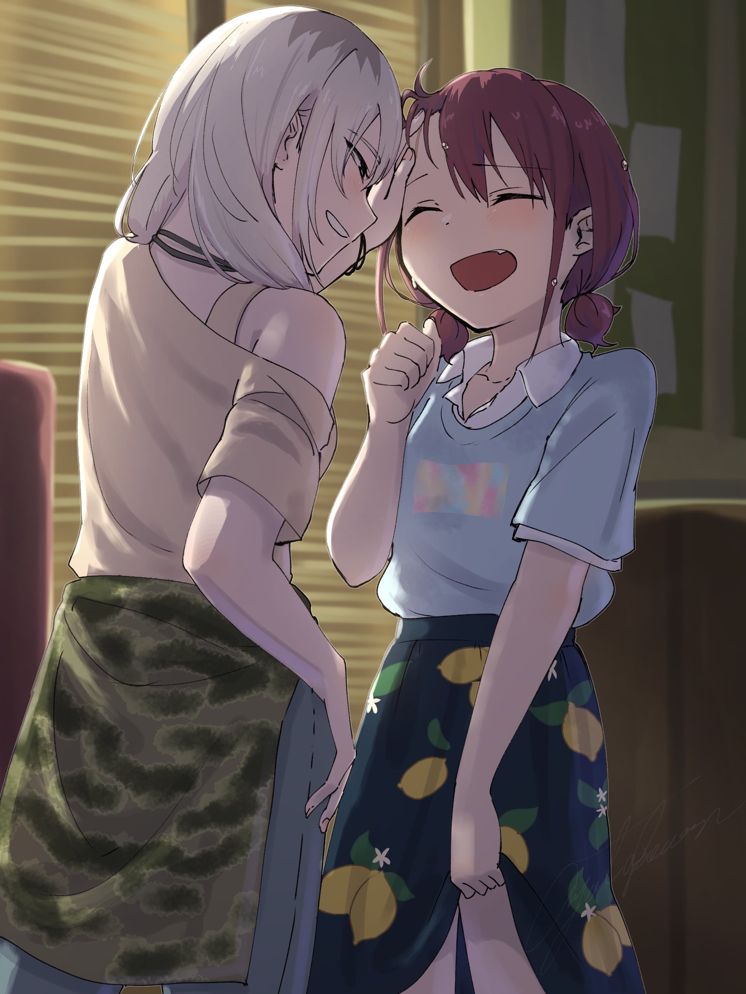 ayataka syumimi, iseri nina, kawaragi momoka, girls band cry, commentary, highres, symbol-only commentary, 2girls, blue shirt, blue skirt, breasts, brown shirt, closed eyes, fang, food print, fruit print, grey eyes, grey hair, hand on another's forehead, indoors, lemon print, long hair, low twintails, multicolored hair, multiple girls, open mouth, roots (hair), shirt, short hair, short twintails, single off shoulder, skirt, skirt hold, twintails
