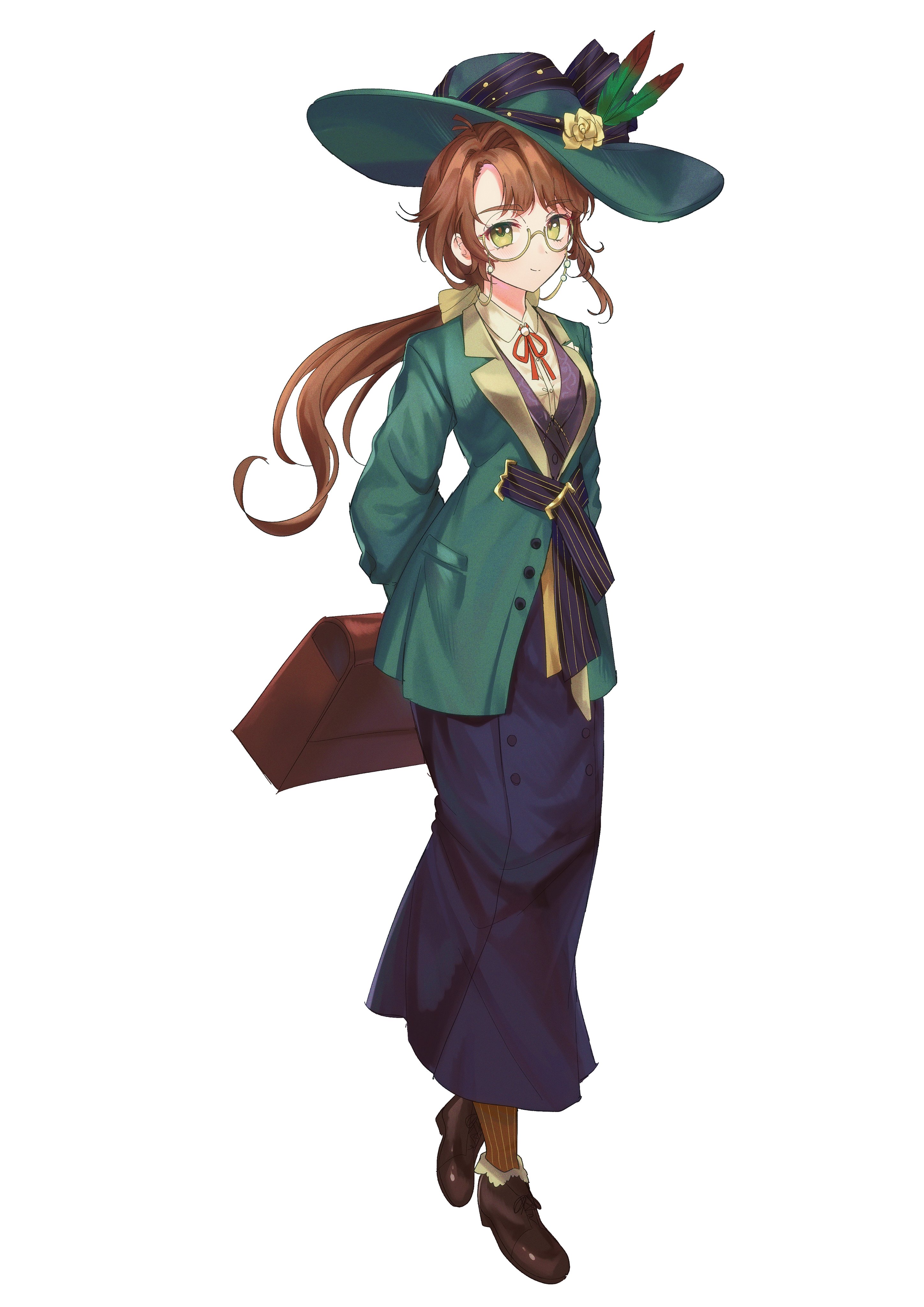 cynthia (uuzz5324), kakania (reverse:1999), reverse:1999, absurdres, highres, 1girl, arms behind back, bag, black skirt, bow, brown bag, brown hair, brown shoes, closed mouth, eyewear strap, feathers, flower, full body, glasses, green eyes, green feathers, green hat, green jacket, hair bow, hat, hat feather, hat flower, holding, holding bag, jacket, long hair, long skirt, looking at viewer, low ponytail, neck ribbon, orange socks, picture hat, ponytail, red ribbon, ribbon, round eyewear, semi-rimless eyewear, shirt, shoes, skirt, socks, solo, under-rim eyewear, walking, white background, white shirt, yellow bow, yellow flower