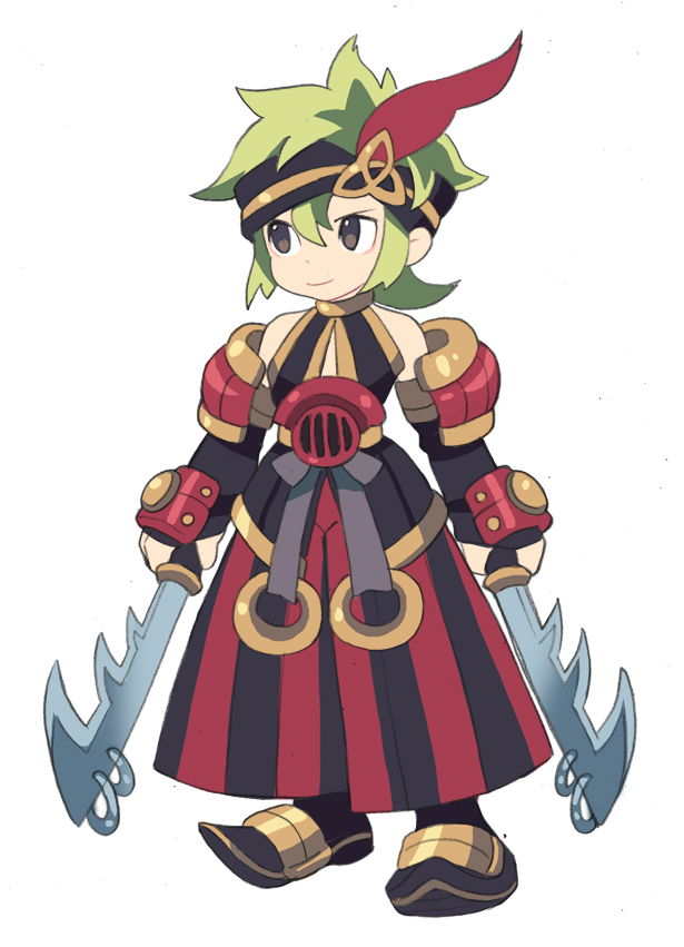 asgard, nexon, commentary request, korean commentary, 1boy, armor, artist name, asura (asgard), bare shoulders, black eyes, black headband, black pants, black sleeves, closed mouth, coin, dot nose, dual persona, dual wielding, elbow gloves, gauntlets, gloves, gold coin, green hair, grey ribbon, headband, holding, holding sword, holding weapon, legs apart, looking to the side, medium hair, o-ring, pants, pauldrons, red armor, red pants, shoulder armor, simple background, smile, striped clothes, striped pants, sword, two-tone pants, vertical-striped clothes, vertical-striped pants, weapon
