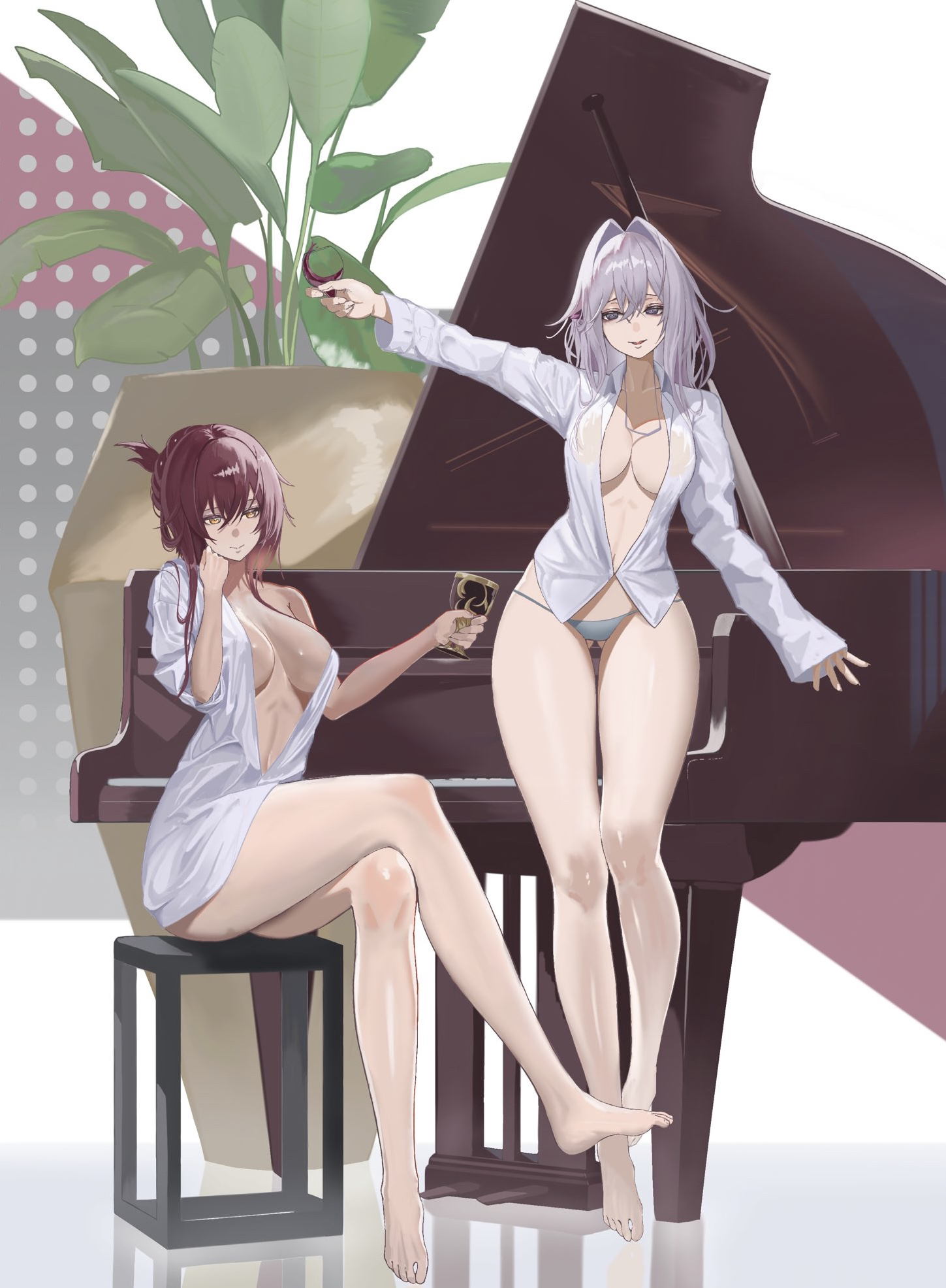 vespar4, eden (honkai impact), thelema nutriscu, honkai (series), honkai impact 3rd, commentary request, commission, highres, skeb commission, 2girls, artistic error, bare legs, barefoot, breasts, brown hair, crossed legs, cup, feet, grand piano, grey panties, hair intakes, holding, holding cup, instrument, large breasts, legs, long hair, multiple girls, panties, piano, shirt, sitting, toes, underwear, very long hair, white hair, white shirt, wrong foot, yellow eyes