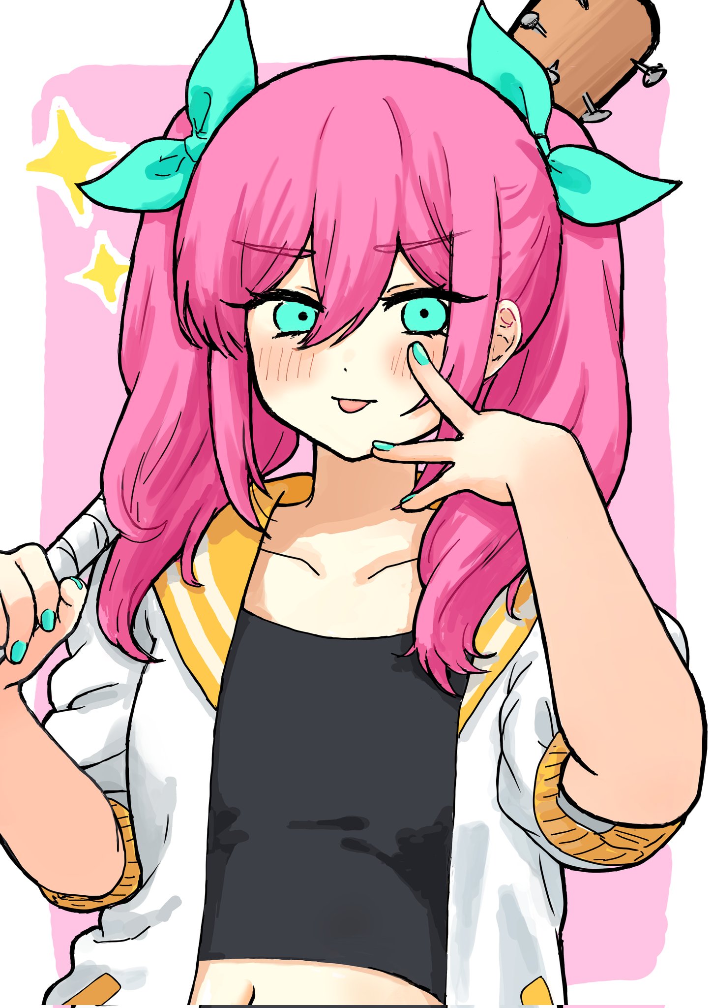 mimn (kdjgxrt1xt69701), aubrey (faraway) (omori), aubrey (omori), omori, commentary request, corrupted twitter file, highres, 1girl, alternate hairstyle, aqua bow, aqua eyes, aqua nails, artistic error, baseball bat, black shirt, border, bow, breasts, closed mouth, collarbone, crop top, cropped shirt, fewer digits, hair bow, hair over shoulder, hand up, hands up, holding, holding baseball bat, jacket, long hair, looking at viewer, nail (hardware), nail bat, nail polish, navel, open clothes, open jacket, outside border, pink background, pink hair, puffy short sleeves, puffy sleeves, sailor collar, shirt, short-sleeved jacket, short sleeves, simple background, small breasts, solo, sparkle, tongue, tongue out, twintails, upper body, v-shaped eyebrows, white border, white jacket, yellow sailor collar