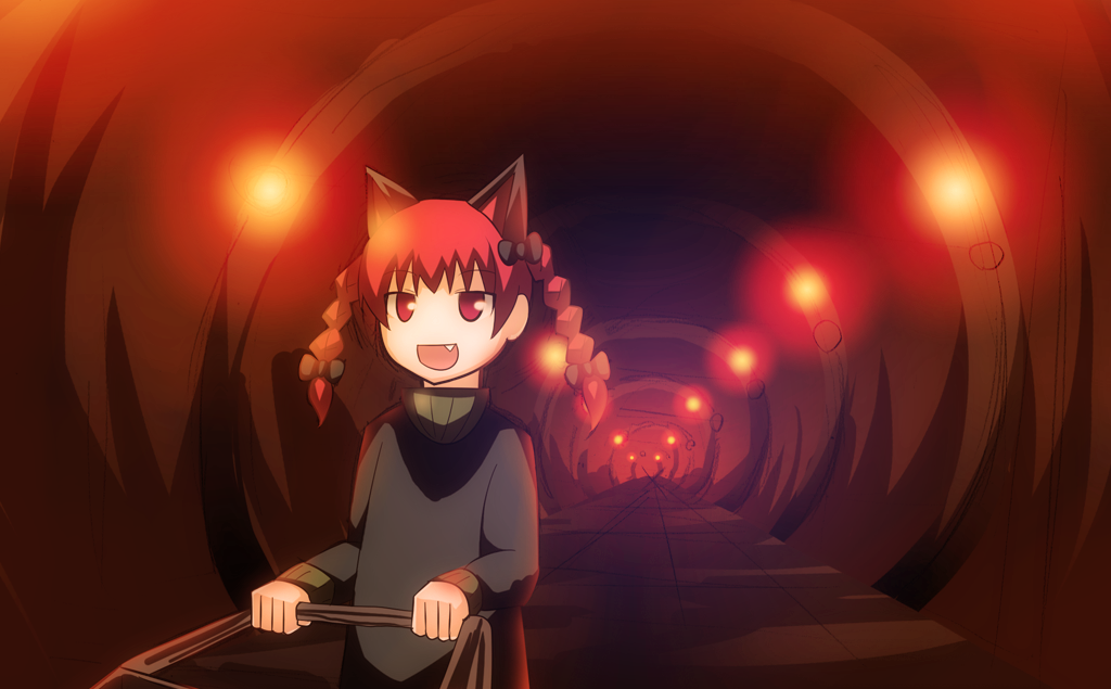 r (pixiv), ren (733), kaenbyou rin, touhou, bad id, bad pixiv id, 1girl, animal ears, braid, cart, cat ears, cat girl, cat tail, female focus, long hair, red eyes, red hair, smile, solo, standing, tail, tunnel, twin braids, twintails