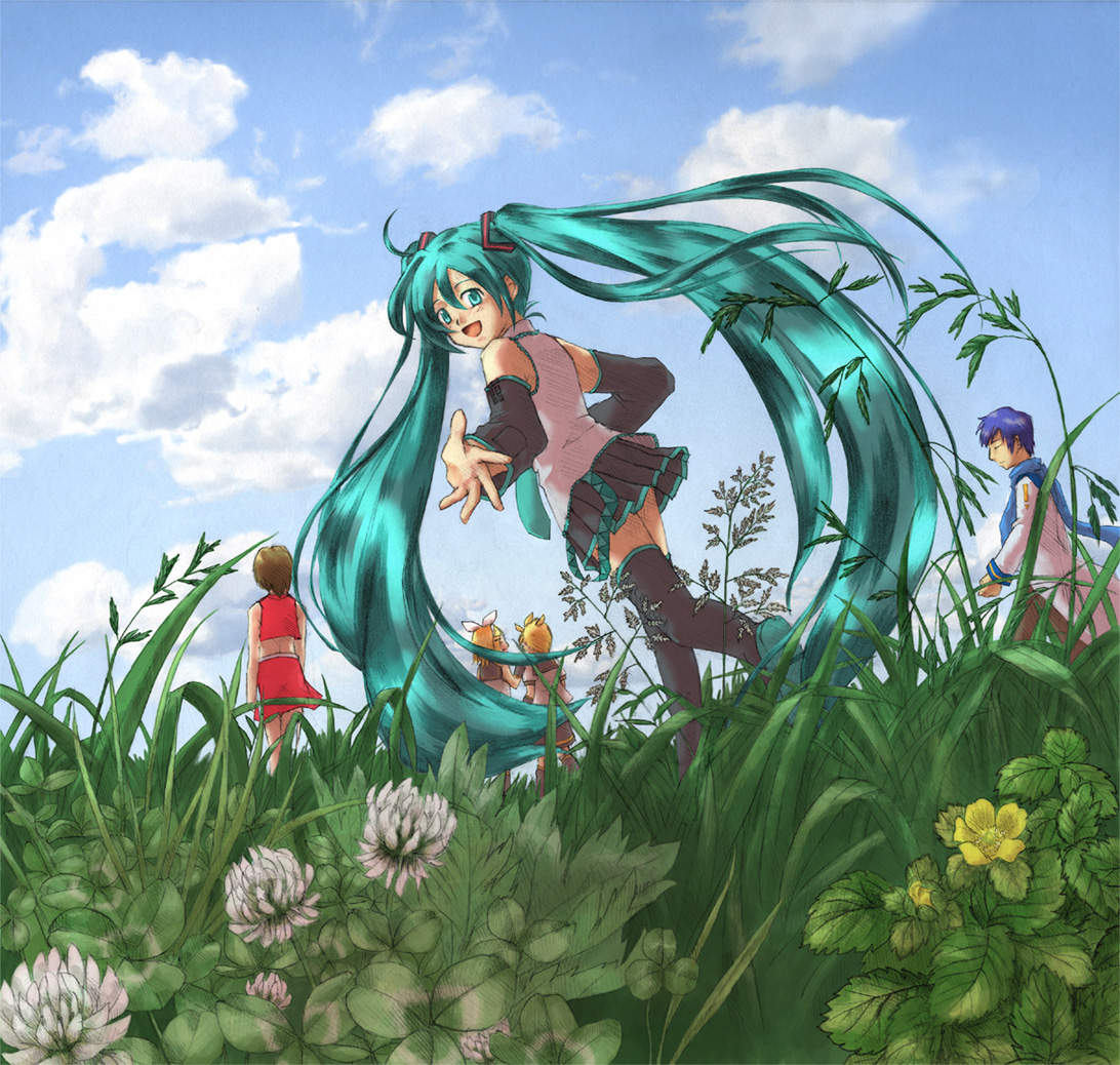 aka tougarashi, hatsune miku, kagamine len, kagamine rin, kaito (vocaloid), meiko (vocaloid), vocaloid, 2boys, 3girls, aqua eyes, aqua hair, blonde hair, blue hair, brown hair, cloud, day, detached sleeves, long hair, looking back, multiple boys, multiple girls, necktie, plant, skirt, sky, thighhighs, twintails, very long hair