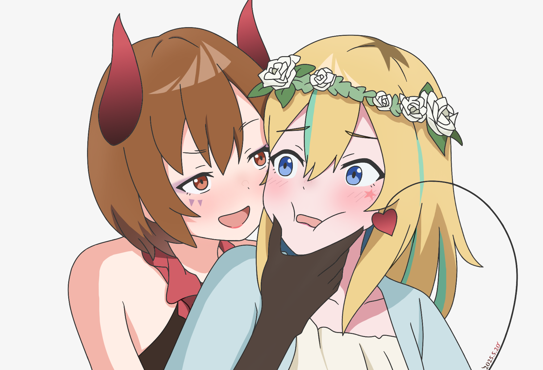 kouzuki mahiru, yamanouchi kano, yoru no kurage wa oyogenai, commentary, highres, 2girls, blonde hair, blue eyes, blush, brown eyes, brown hair, cheek squash, cosplay, costume switch, dan yui, fake horns, green hair, hair between eyes, horns, multicolored hair, multiple girls, open mouth, roots (hair), short hair, simple background, streaked hair, upper body, white background, yuri