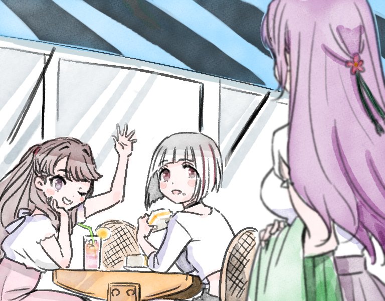 shinanoya (satanicad), fujishima megumi, otomune kozue, yugiri tsuzuri, link! like! love live!, love live!, commentary request, 3girls, ;d, arm up, bob cut, brown hair, chair, crop top, cropped shirt, diagonal bangs, eating, flower, food, food on face, grey hair, hair flower, hair ornament, hasu no daisankaku, inverted bob, long hair, looking at another, multicolored hair, multiple girls, on chair, one eye closed, open mouth, pink skirt, pleated skirt, red flower, red hair, sandwich, shirt, short sleeves, sidelocks, sitting, skirt, smile, streaked hair, three-quarter sleeves, two side up, virtual youtuber, white shirt