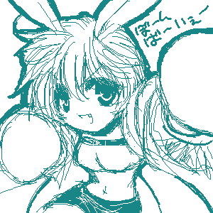 bunny (trickster), trickster (ntreev soft), lowres, 10s, 1girl, animal ears, aqua theme, blue theme, boxing gloves, female focus, gloves, green theme, midriff, monochrome, oekaki, rabbit ears, shorts, solo
