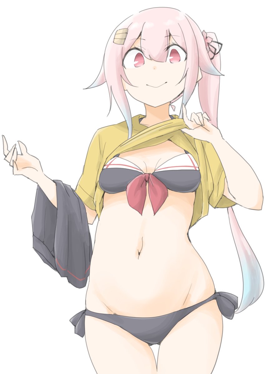 akara kai, harusame (kancolle), kantai collection, highres, 1girl, adapted costume, bikini, black bikini, blue hair, breasts, clothes lift, front-tie bikini top, front-tie top, gradient hair, hair flaps, holding, holding unworn clothes, holding unworn skirt, multicolored hair, pink hair, red eyes, sailor bikini, sailor collar, shirt, shirt lift, side-tie bikini bottom, side ponytail, simple background, skirt, small breasts, solo, swimsuit, unworn skirt, white background, yellow shirt