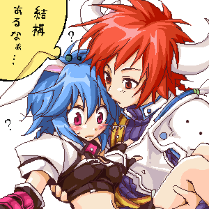 buffalo (trickster), bunny (trickster), trickster (ntreev soft), lowres, 10s, animal ears, armor, blue hair, blush, holding, horns, midriff, oekaki, rabbit ears, red eyes, red hair