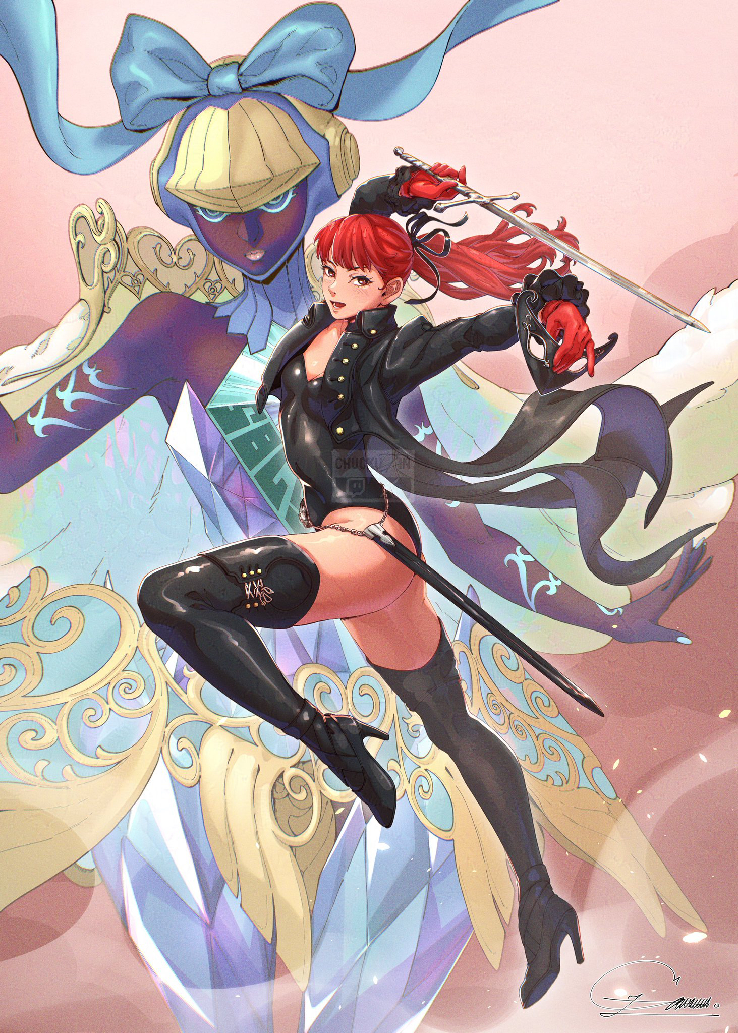 chuckuddin, violet (persona 5), yoshizawa kasumi, persona, persona 5, persona 5 the royal, commentary, highres, 1girl, black jacket, black leotard, black ribbon, cendrillon (persona), cropped jacket, floating hair, gloves, hair ribbon, highleg, highleg leotard, holding, holding mask, holding sword, holding weapon, jacket, leotard, long hair, looking at viewer, mask, open mouth, pink background, ponytail, red eyes, red gloves, ribbon, signature, smile, standing, standing on one leg, sword, unworn mask, weapon